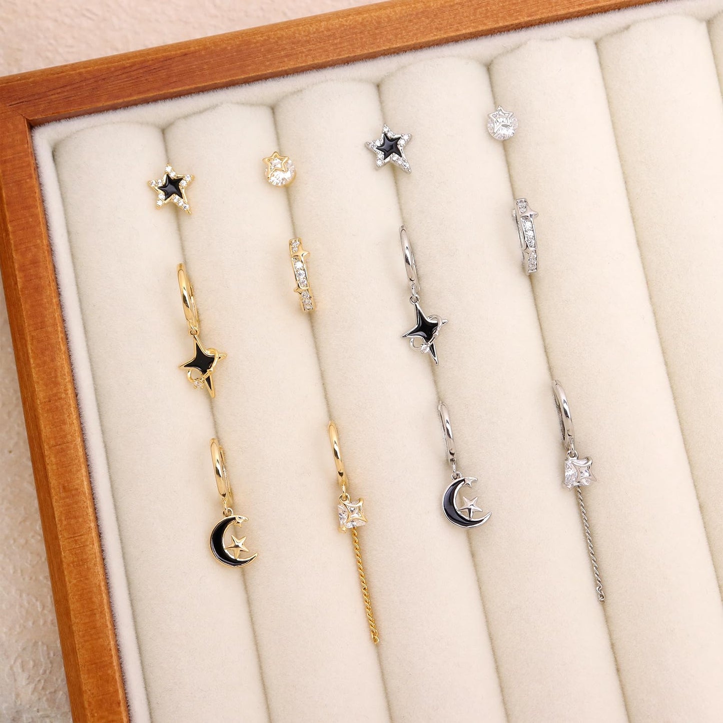 Frigotine 3PCS Silver Star Hoop Stud Earrings Stack Set for Women, Dainty Rhinestone Star Black Enamel Moon Planet Tassels Multiple Piercing Cartilage Prom Fashion Jewelry Gift