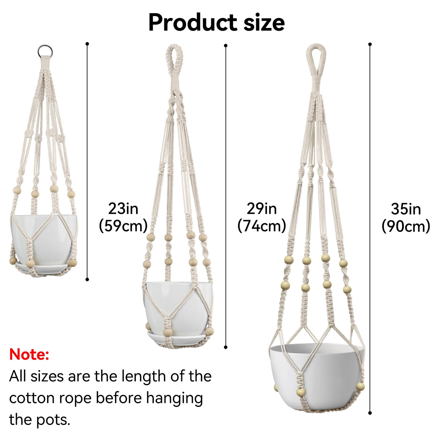 USLAI Macrame Plant Hanger Indoor Outdoor, Fits 4 to 15 Inch Pots, Strong Hanging Planter Holder, Boho Home Decor, 23+29+35 Inch, Ivory (POTS NOT Included)