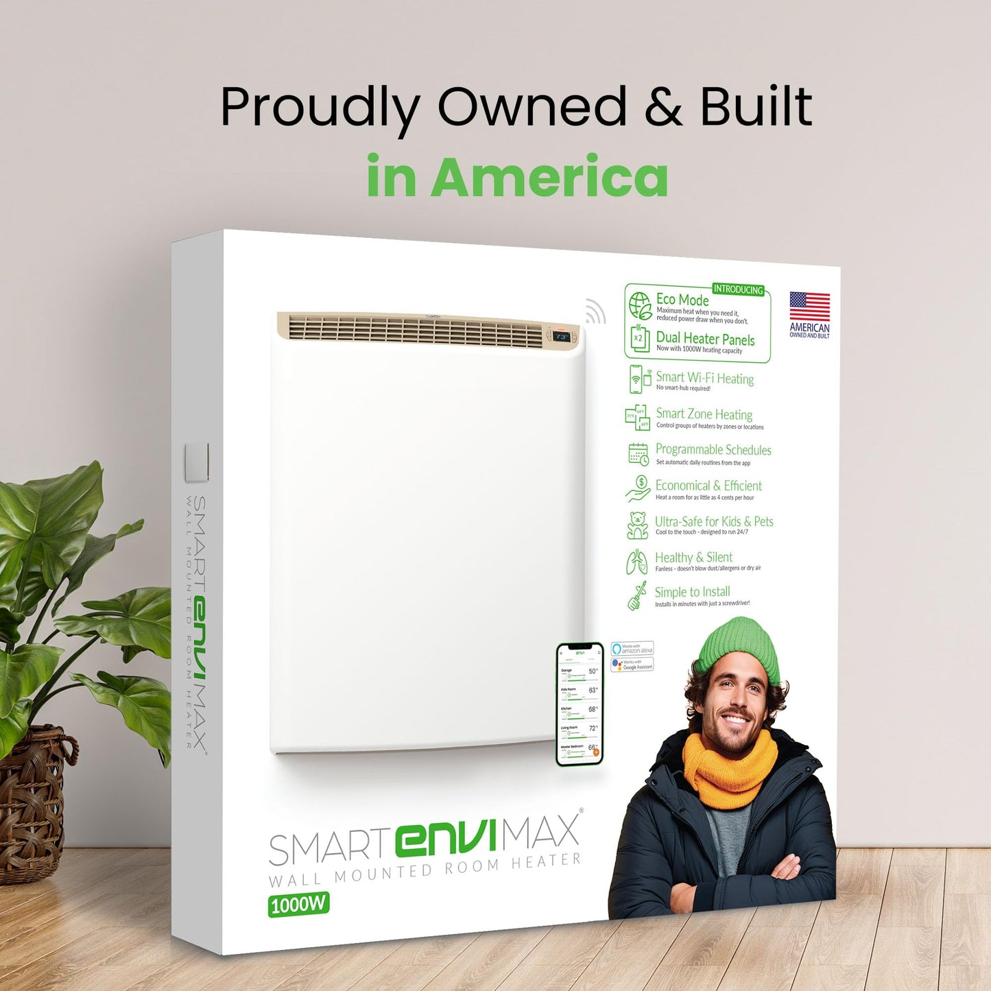 Smart EnviMAX 1000W Wi-fi Plug-in Electric Wall Heater - Energy Efficient Smart Heaters for Large Rooms - App Controlled Electric Heater with Thermal Shut Off Switch - Works with Alexa & Google Home