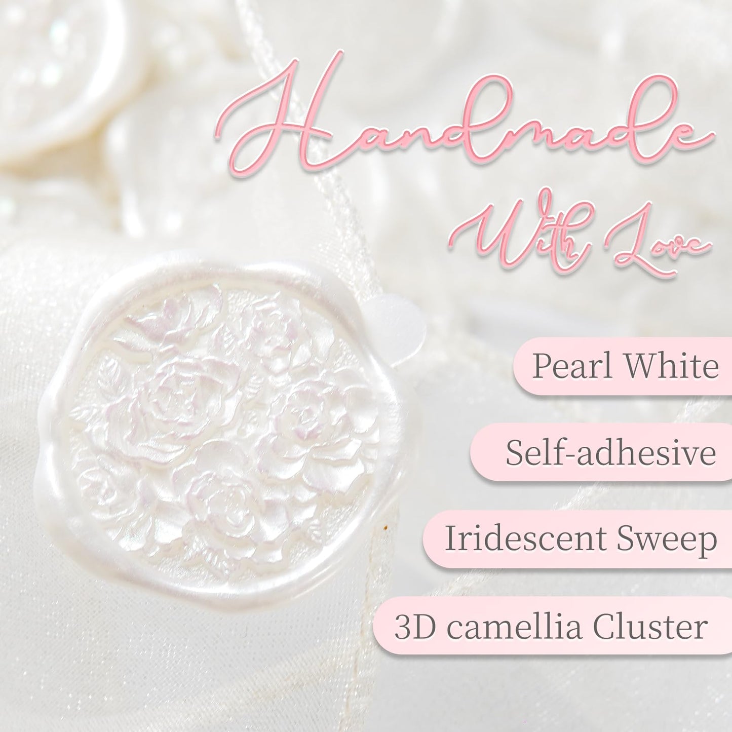 Nuvretk 30pcs Handmade Pearl White Wax Seal Stickers, 3D Camellia Flower Cluster Wax Seal Design, Floral Self-Adhesive Seals for Wedding Invitations, Cards & Botanical Stationery