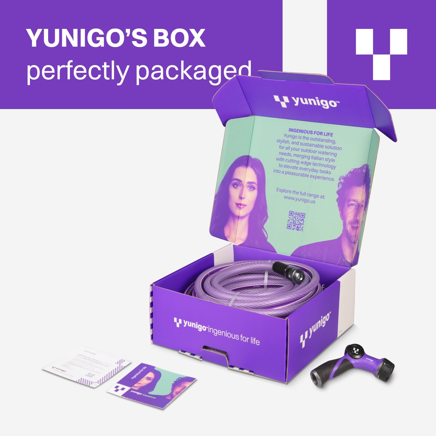 YUNIGO ESSENCE 5/8" 100ft Hybrid Purple Garden Hose – No-Kink Abrasion-Resistant with Durable Aluminum Fittings & Spray Nozzle, Ideal for Intensive Home & Garden Watering