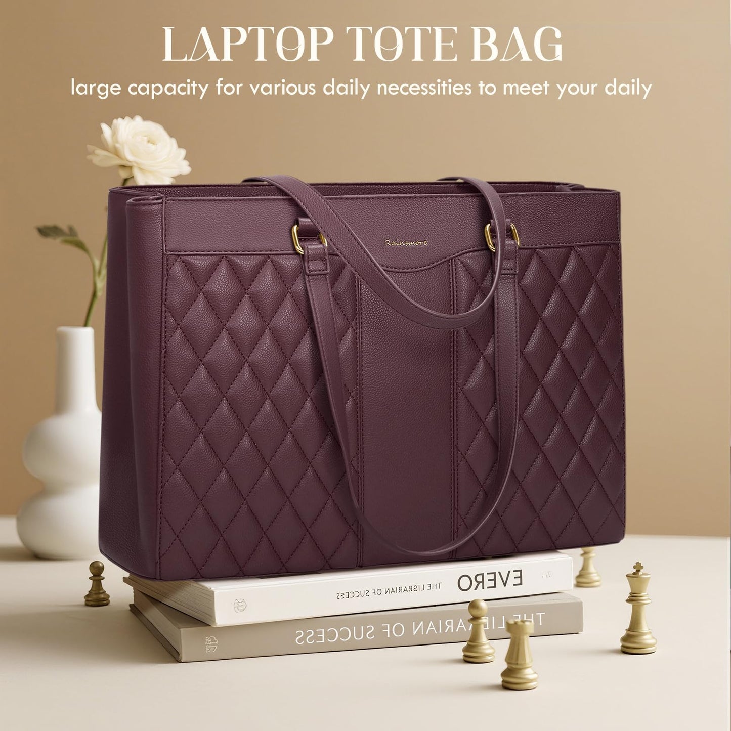 RAINSMORE Laptop Bag for Women 15.6 Inch Work Tote Bags Leather Laptop Tote Professional Laptop Purse Computer Handbag Womens Briefcase Tote with Clutch for Teacher Office Travel, Dark Purple
