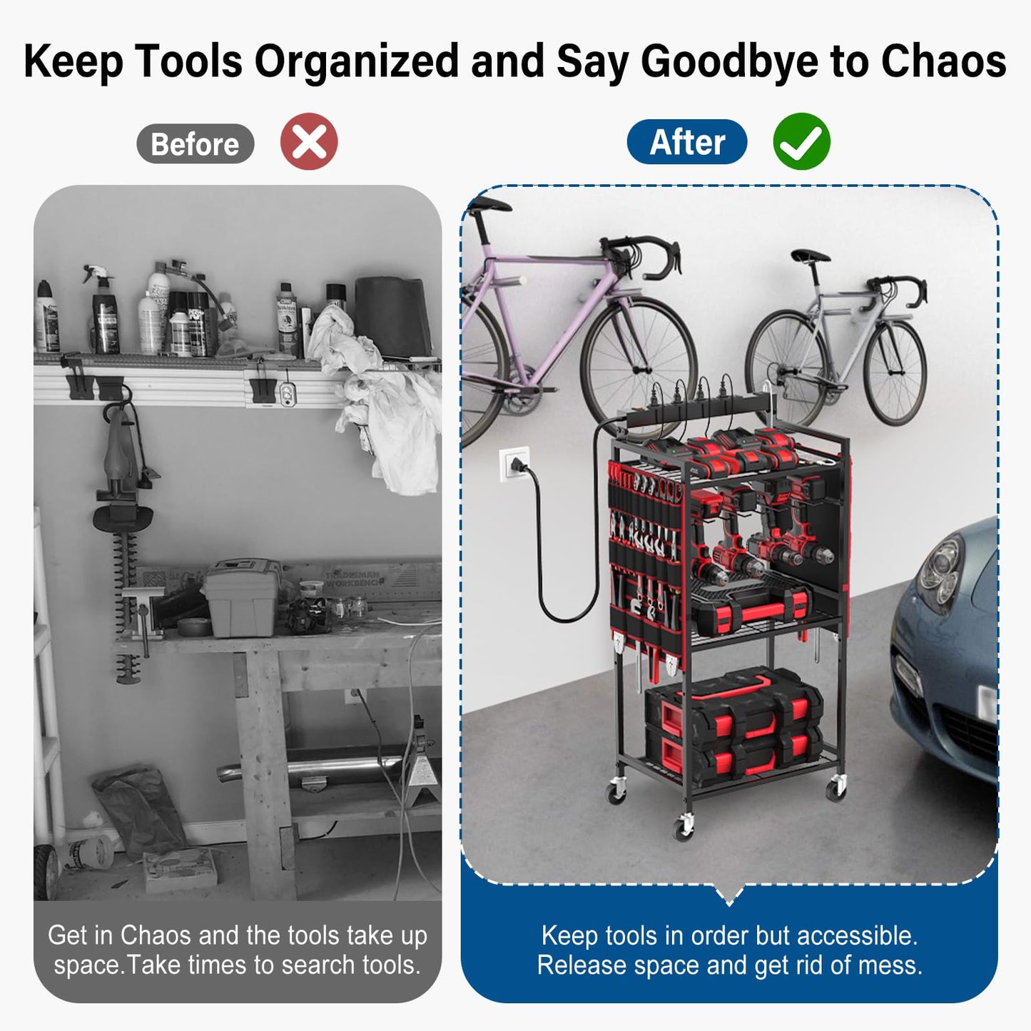 JUNNUJ Garage Large Power Tool Organizer Cart with 8 Outlet 3 USB Charging Station, Floor Rolling Drill and Tools Battery Storage Cart on Wheels, Heavy Duty Utility Rack Shelf with Power Strip