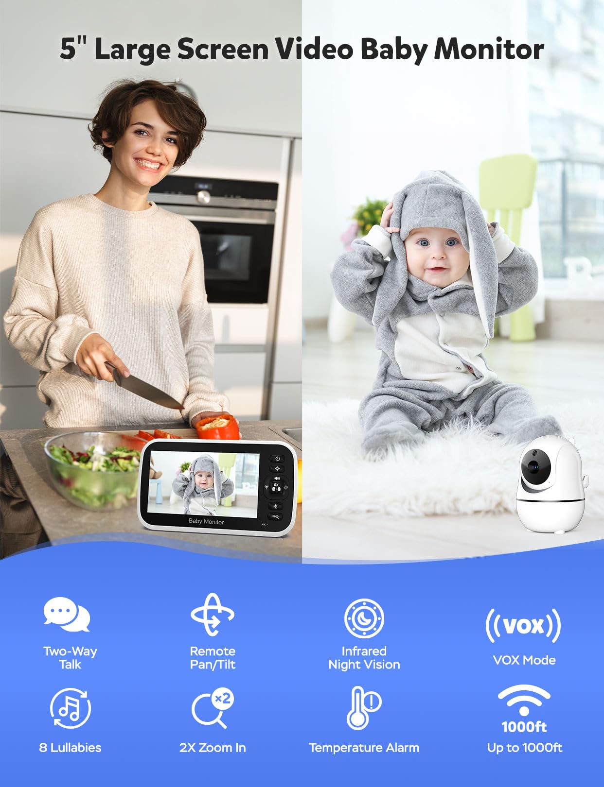 GoodBaby 5" Baby Monitor with Camera and Audio, No WiFi Secure Camera, 30-Hour Battery, Remote PTZ, Auto Night Vision, Room Temperature, Two-Way Audio,Lullabies,960 ft Range