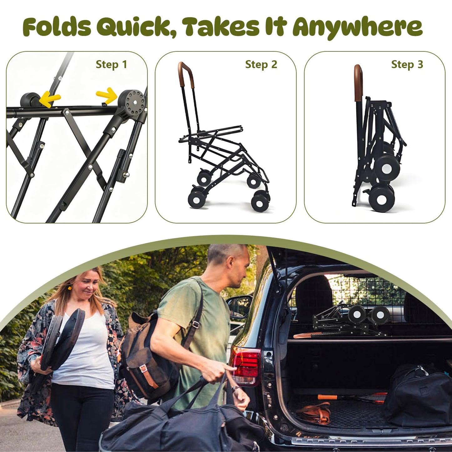 Beuway Double Pet Stroller for Dogs and Cats, One-Step Folding Dog Stroller Travel Carriage for Small Medium Dogs Cats, 2 Detachable Carrier Bags, 4 Lockable Wheels (Brown)