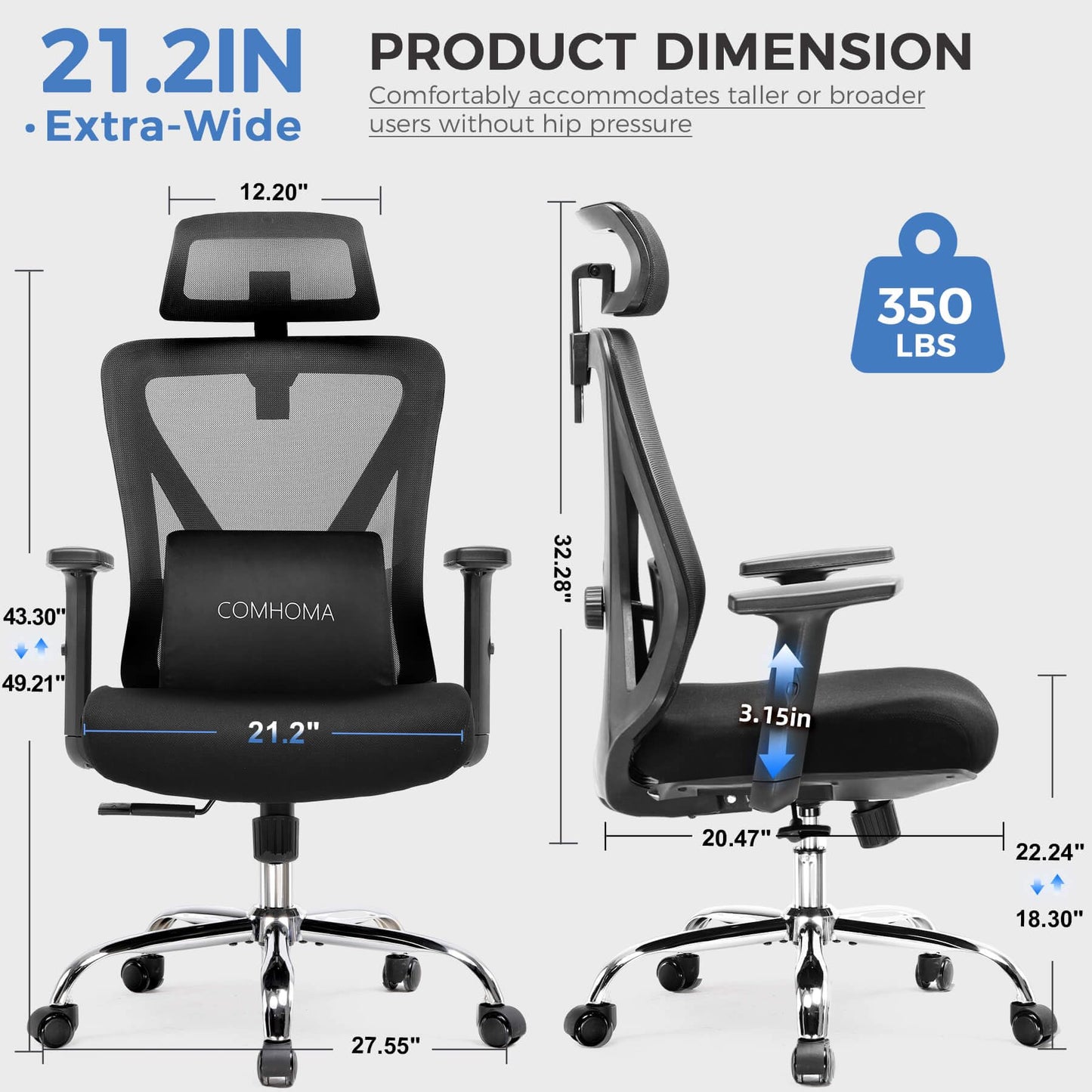 COMHOMA Ergonomic Office Chair Big and Tall Gaming Chair with Footrest, 3D Adaptive Lumbar Support & Headrest, High Back Rolling Computer Chair with Wide Seat, Breathable Mesh, ErgoFlex-F26, Black