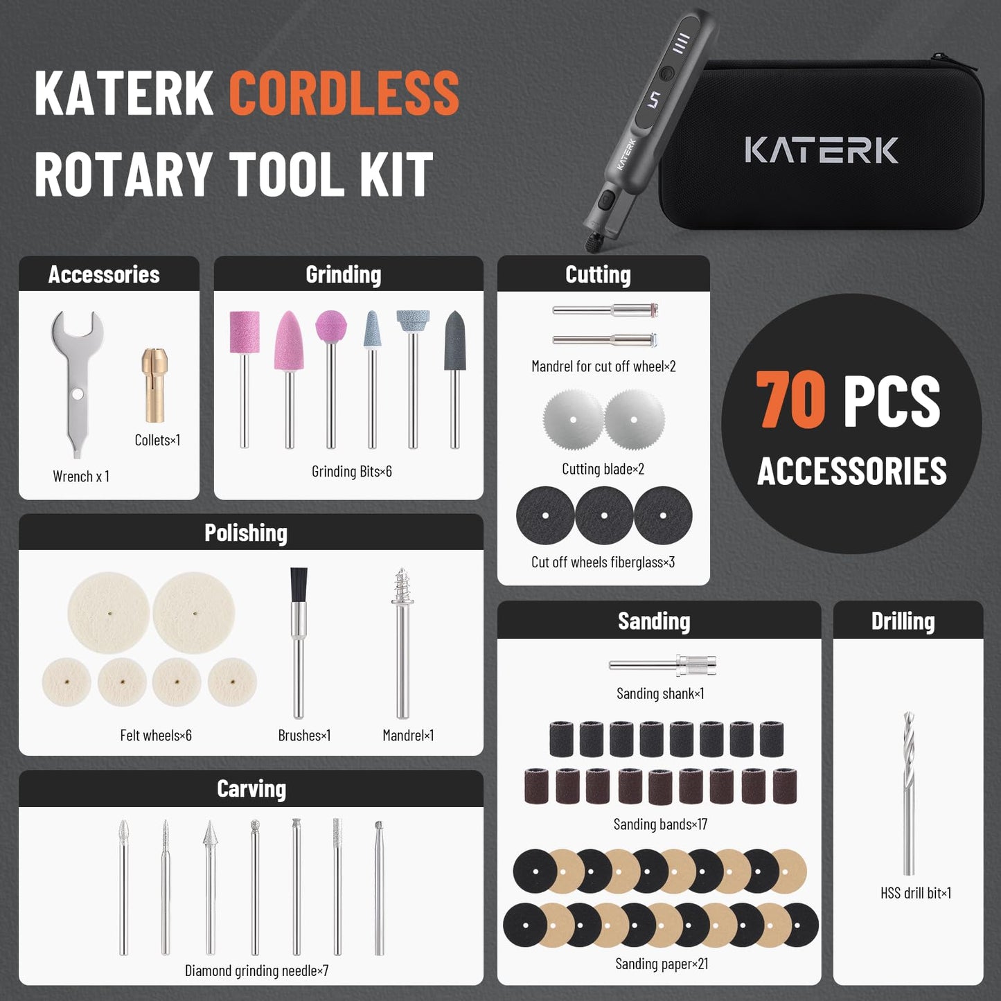 Katerk Mini Cordless Rotary Tool, 5-Speed Rotary Tool Kit, 5000-20000RPM & 70 Accessories, Multi-Purpose 3.7V Power Rotary Tool for Sanding, Engraving, Polishing, Drilling, DIY Crafts, 3D Printing