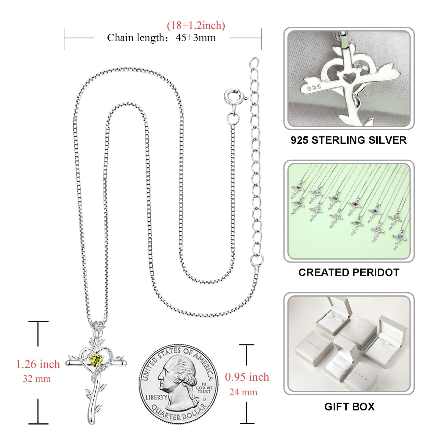 STARCHENIE Rose Cross Necklace 925 Sterling Silver Heart Crucifix Pendant Created Peridot Jewelry for Women