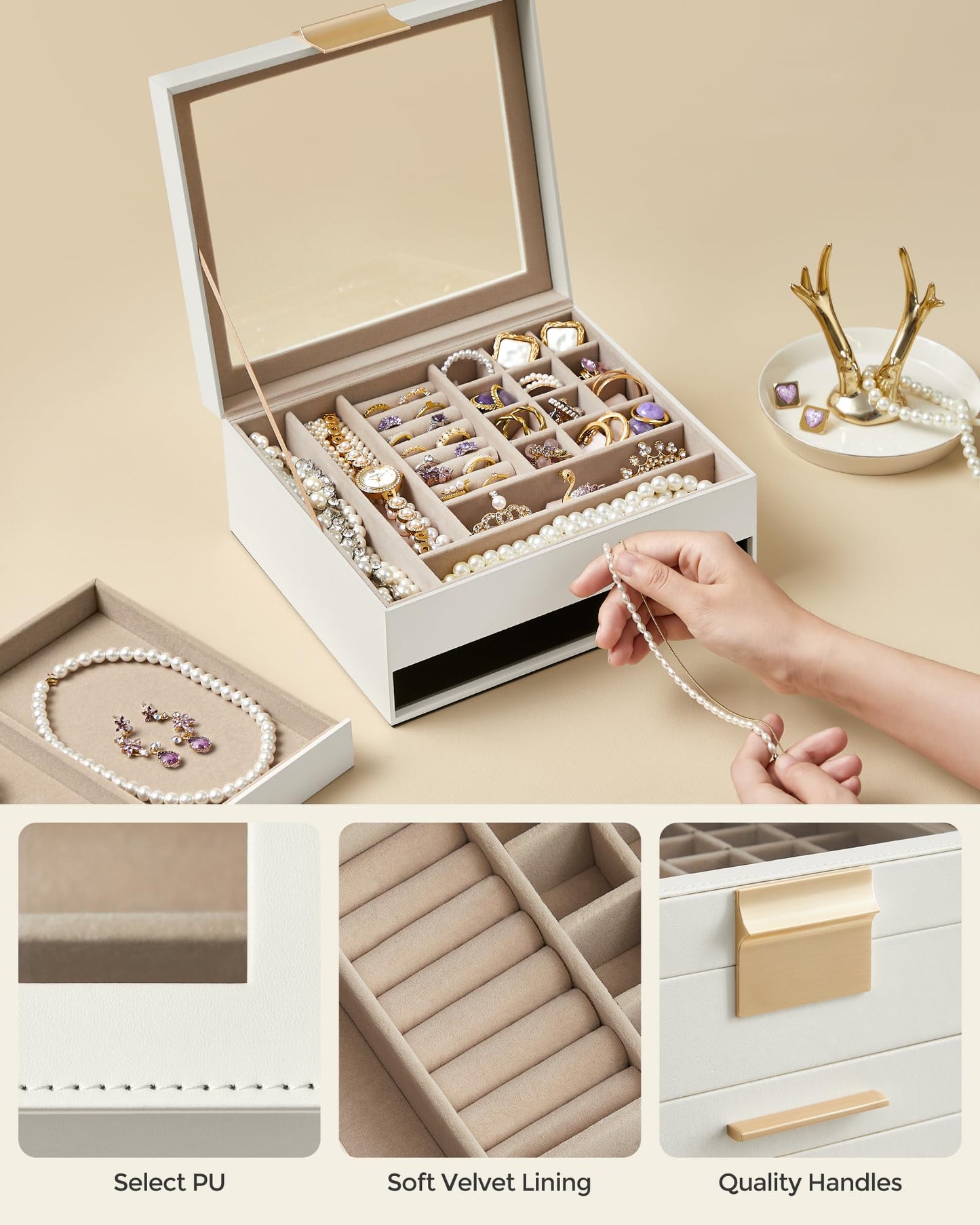 SONGMICS GISELLA Collection - Jewelry Box Organizer, 2-Layer Jewelry Storage with 1 Drawer, Shiny Metal Hardware, Glass Lid, Modern, 8 x 9.1 x 4.1 Inches, Cloud White and Gold Color UJBC174W01