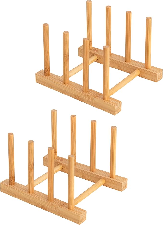 HBlife 2pcs Bamboo Dish Plate Bowl Cup Book Pot Lid Cutting Board Drying Rack Stand Drainer Storage Holder Organizer Kitchen Cabinet(Keep Dry)