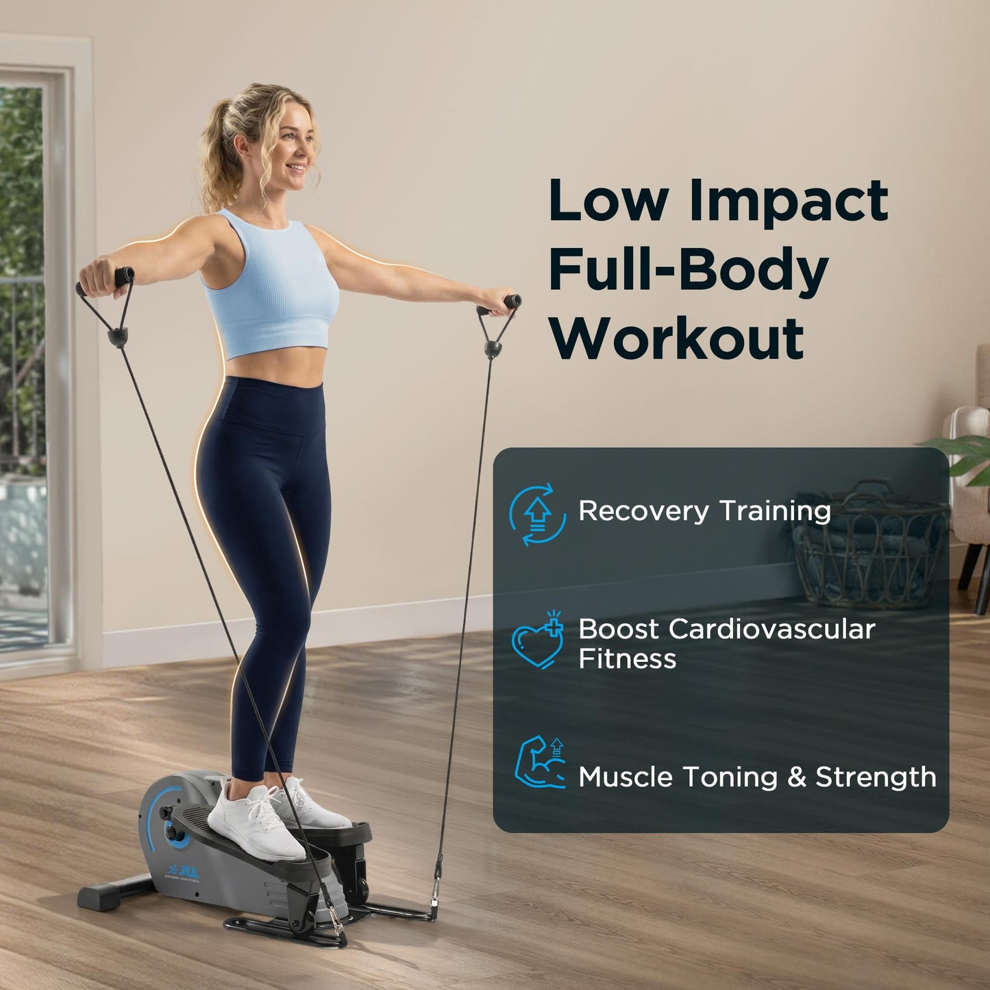 JLL Elliptical Exercise Machine Portable Stand Up with Resistance Bands, Compact Under Desk Pedal Exerciser & Trainer for Home Office, Quiet Magnetic 8-Level Resistance, Free Smart Fitness App