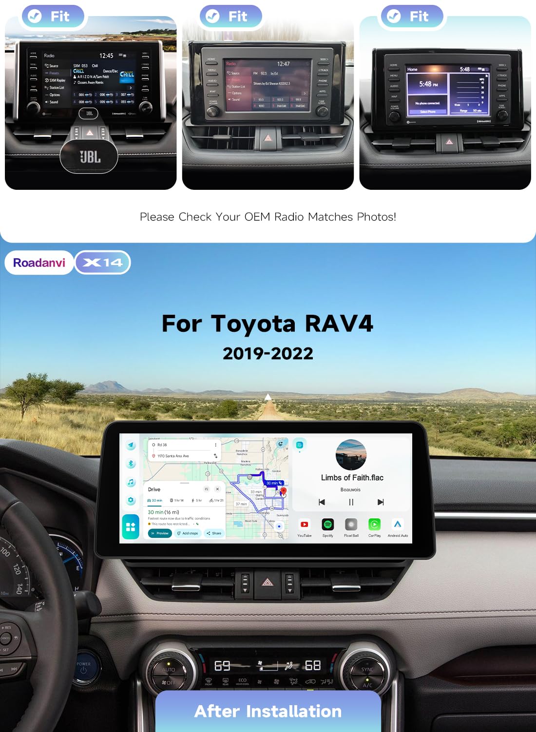 Roadanvi Android 14 6G+128G 12.3" Car Stereo for Toyota RAV4 2019-2022 Wireless Carplay Android Auto Car Radio Bluetooth 5.2 Head Unit QLED 1920x720 Touch Screen DTS GPS Navigation, X14 Series