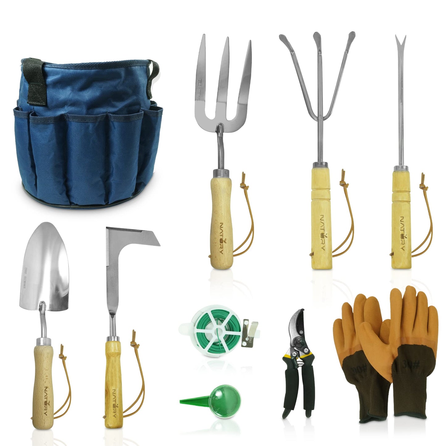 Natury Garden Tools Set β Premium Stainless Steel Gardening Hand Tools with Solid Beechwood Handle β Gardening Kit with Rake, Shovel, Gloves, Shears, Tool Organizer β Garden Gifts for Women and Men