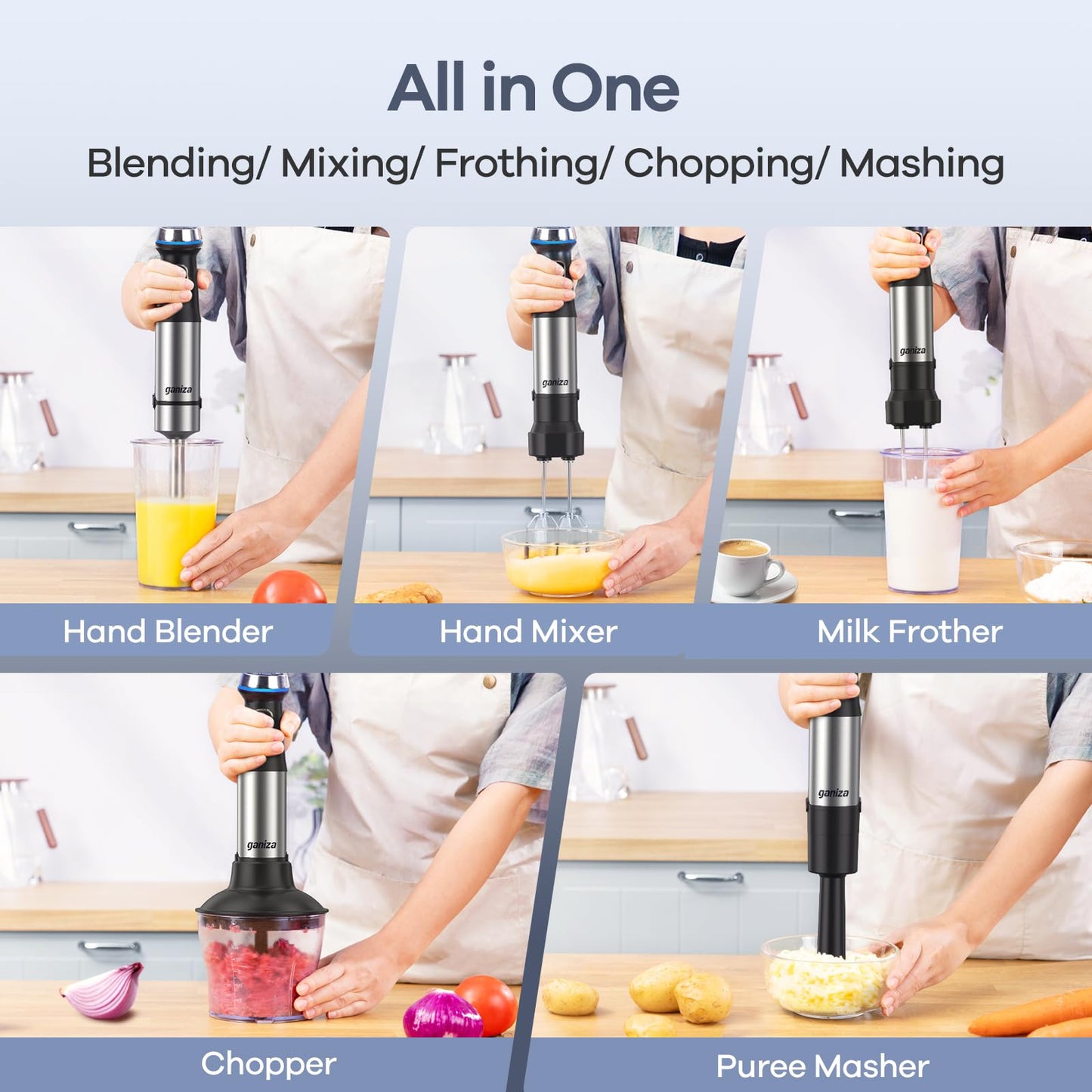 Ganiza Immersion Blender Handheld, 6 in 1 Hand Blender Stainless Steel Blade, 15 Speed Stick Blenders Electric, 800ml Mixing Beaker, 600ml Chopper, Whisk, Frother, Potato Masher