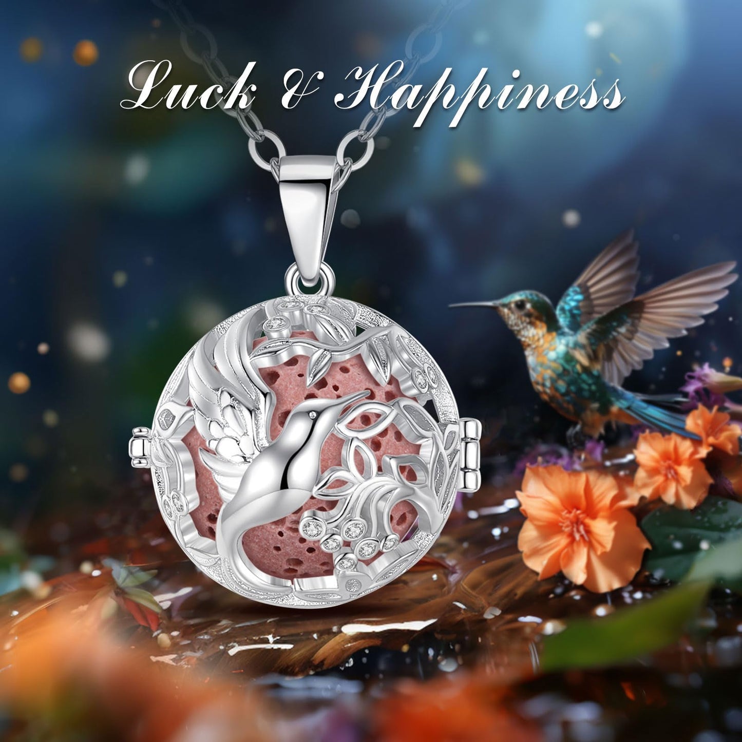 INFUSEU Aromatherapy Necklace Hummingbird Gifts for Women Essential Oil Diffuser Jewelry Lava Rock Stone Pendant Unique Aroma Perfume Spiritual Items for Meditation Yoga