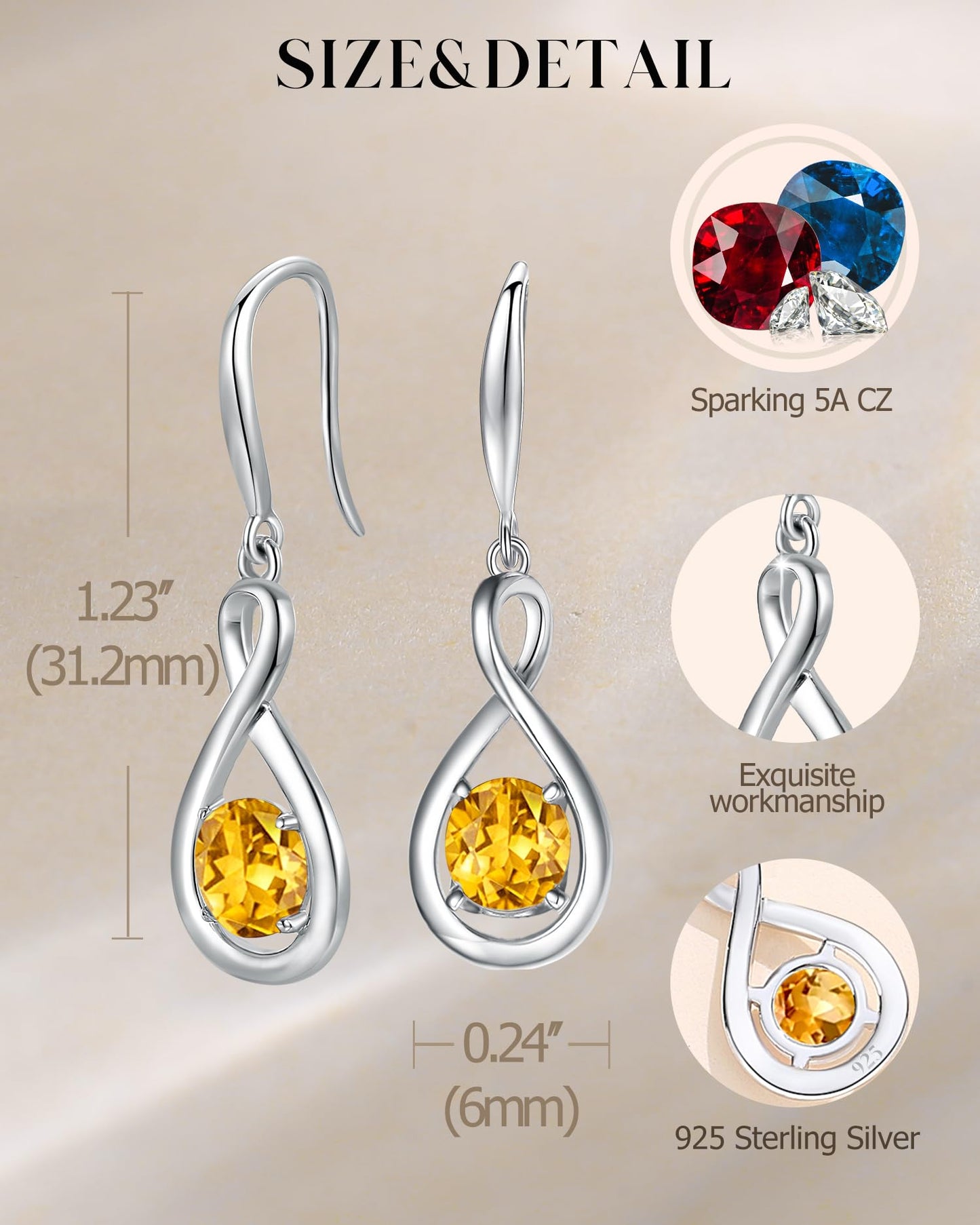 FANCIME Citrine Dangle Drop Earrings 925 Sterling Silver Dainty Infinity Yellow Topaz November Birthstone Earring Fine Jewelry Birthday Mothers Day Gifts for Mom Women Her