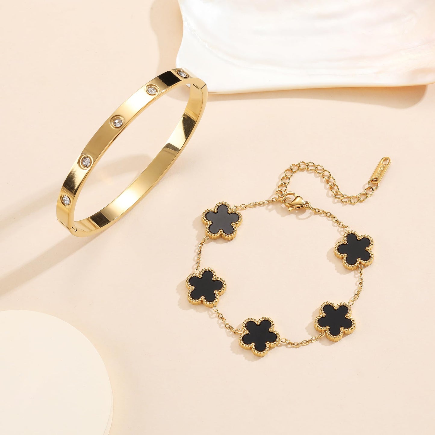 FUNIO 18K Gold Plated Van cleef Clover Bracelet Love bangle Set for Women - Black Stack Friendship Bracelet Lucky Link Bracelets Jewelry Gifts Trendy for Women