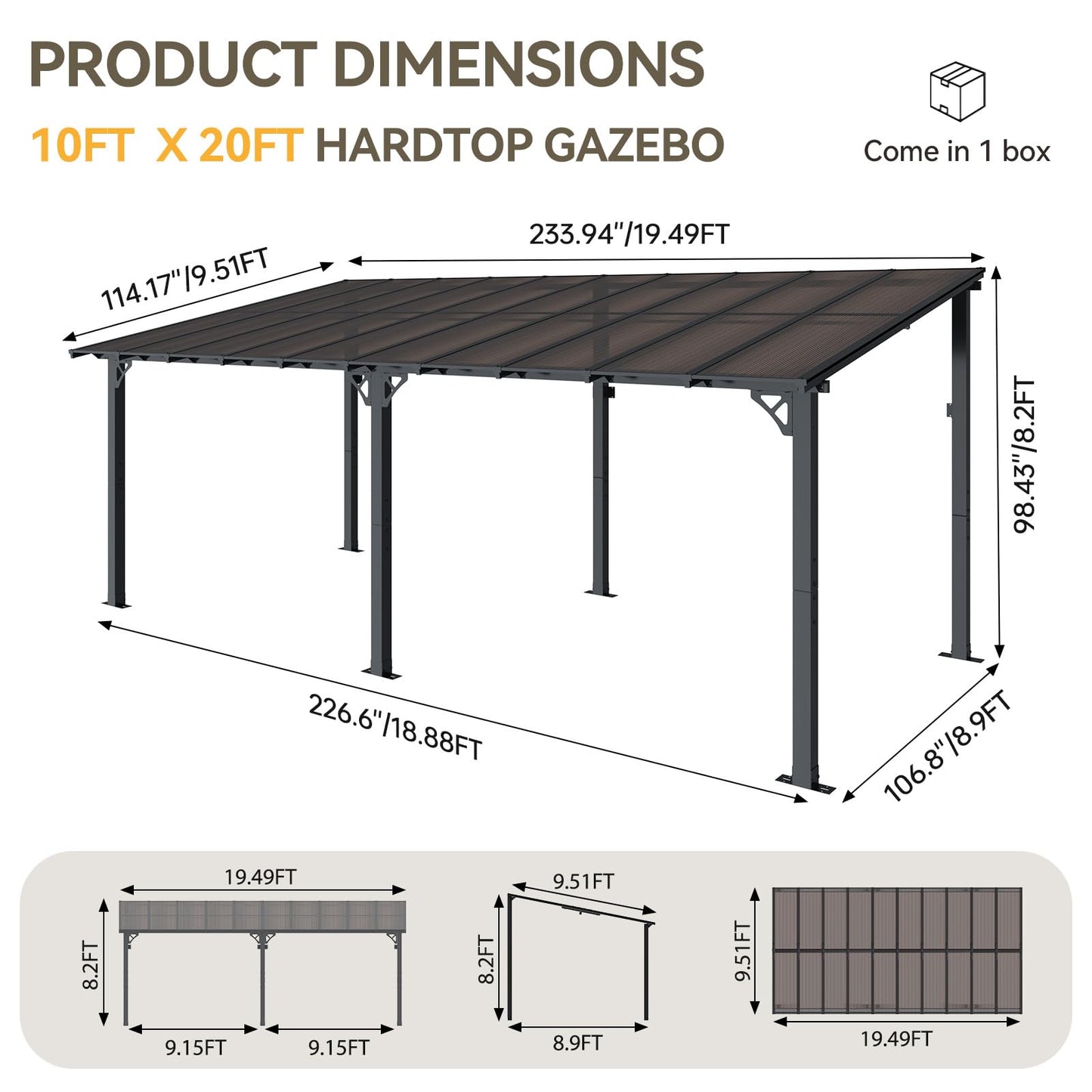 Aoxun 20' x 10' Gazebo for Patio, Gazebo Pergola with Sloped Roof, Large Wall-Mounted Heavy Duty Awnings, for Backyard, Deck, Patio (Black)