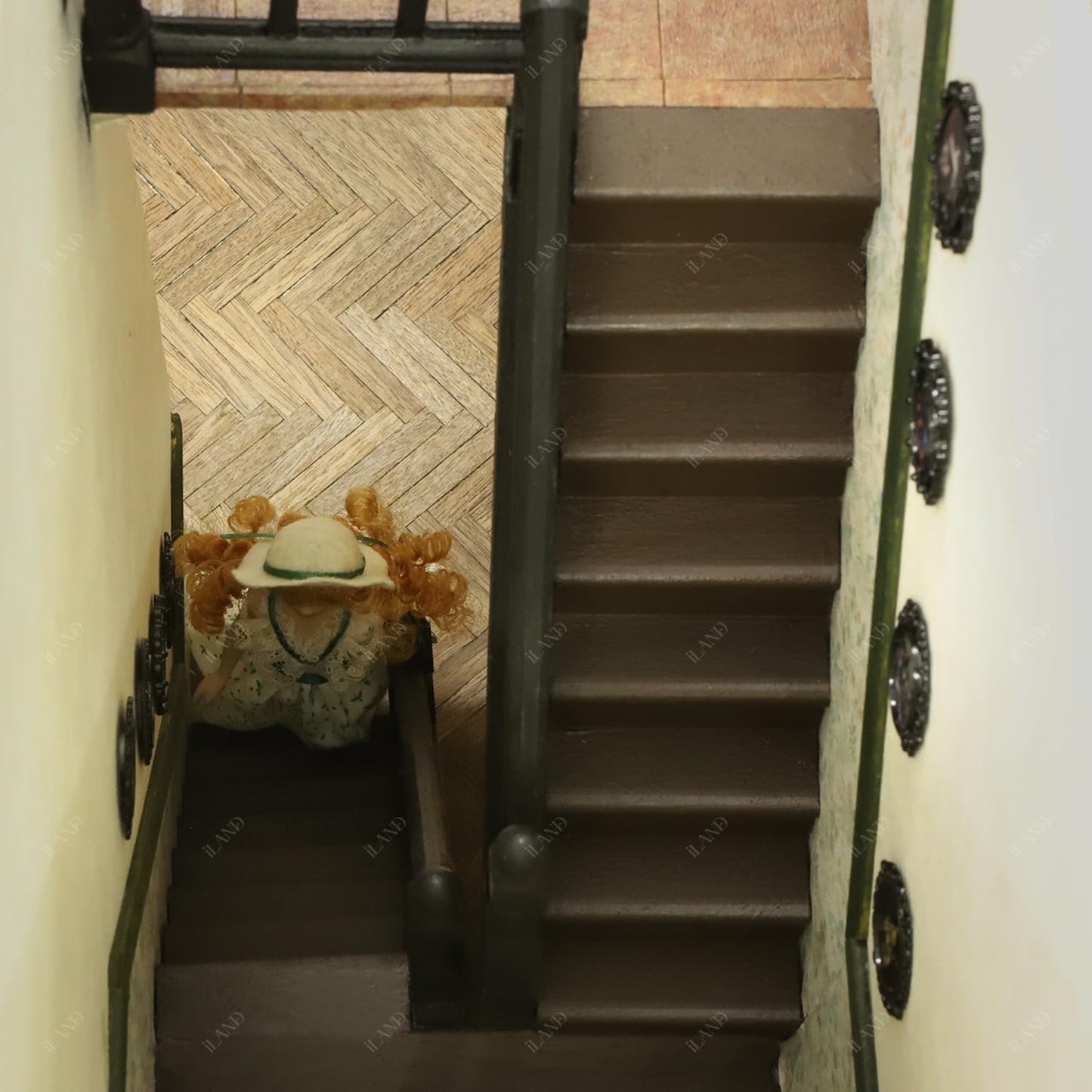 iLAND 1/12 Scale Accessories of Miniature Wooden Dollhouse Staircase with Adjustable Handrails and DIY Railing Complete 2 Stairs Sets for Modern or Victorian Dollhouse Building