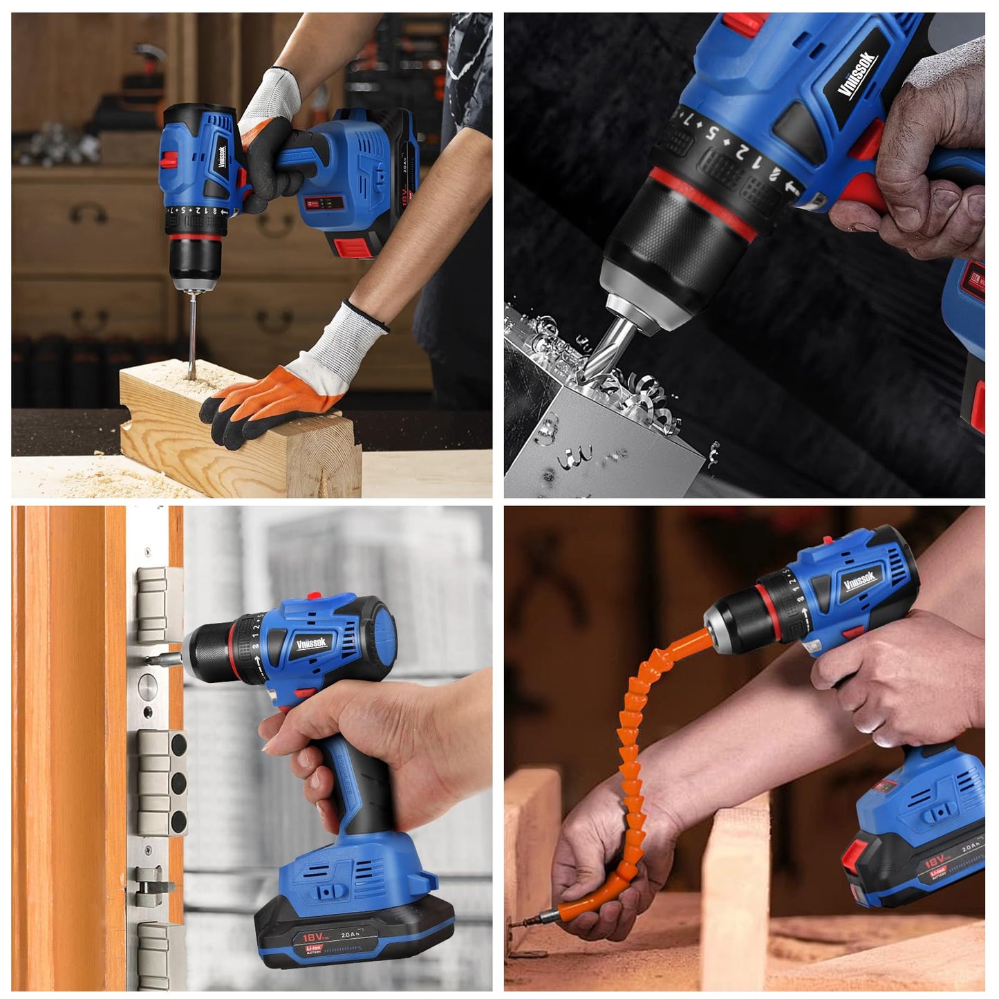 Vniissok Cordless Drill Set,18V Brushless Power impach driver with Battery and Charger, 3/8" Keyless Chuck, Variable Speed, Drill Driver Bits Kit for Drilling and Tightening/Loosening Screws