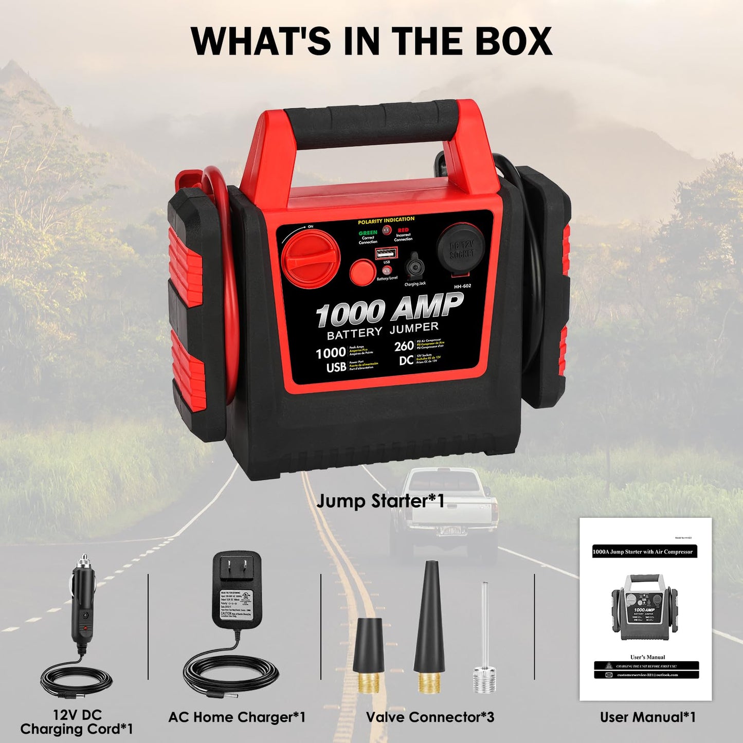 Car Battery Jump Starter-1000Amp 12V Lead-Acid Battery Jump Box with 260PSI Air Compressor, 10000 mAh Portable Power Station, Jump Pack for Vehicles Up to 5L Gas or Diesel
