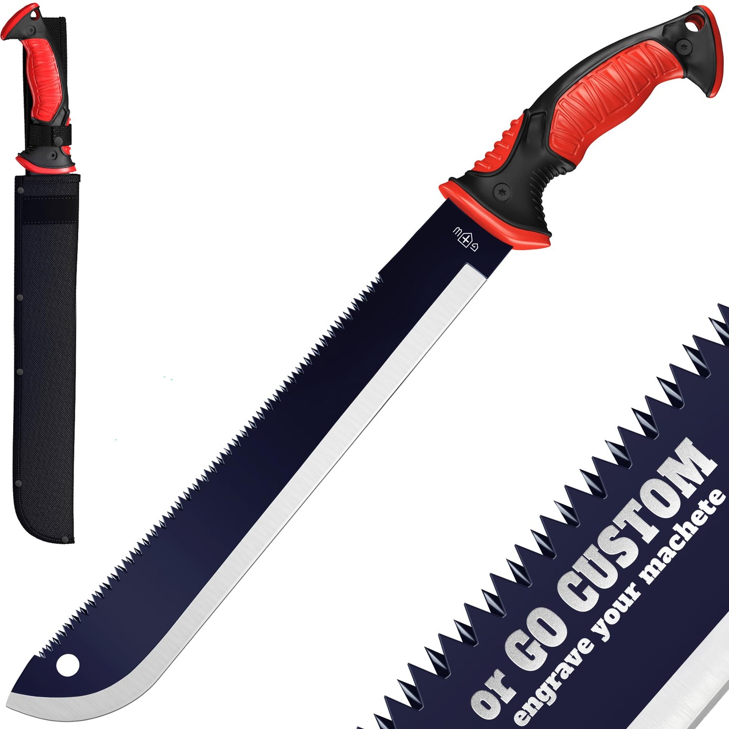 Machete with Saw - 19â Heavy Duty Tool & Sheath - Ergonomic No-Slip Handle - Survival Knife with Serrated Blade - Machetes for Bushcraft Hunting Garden Cutting Trees and Yard Work 111084