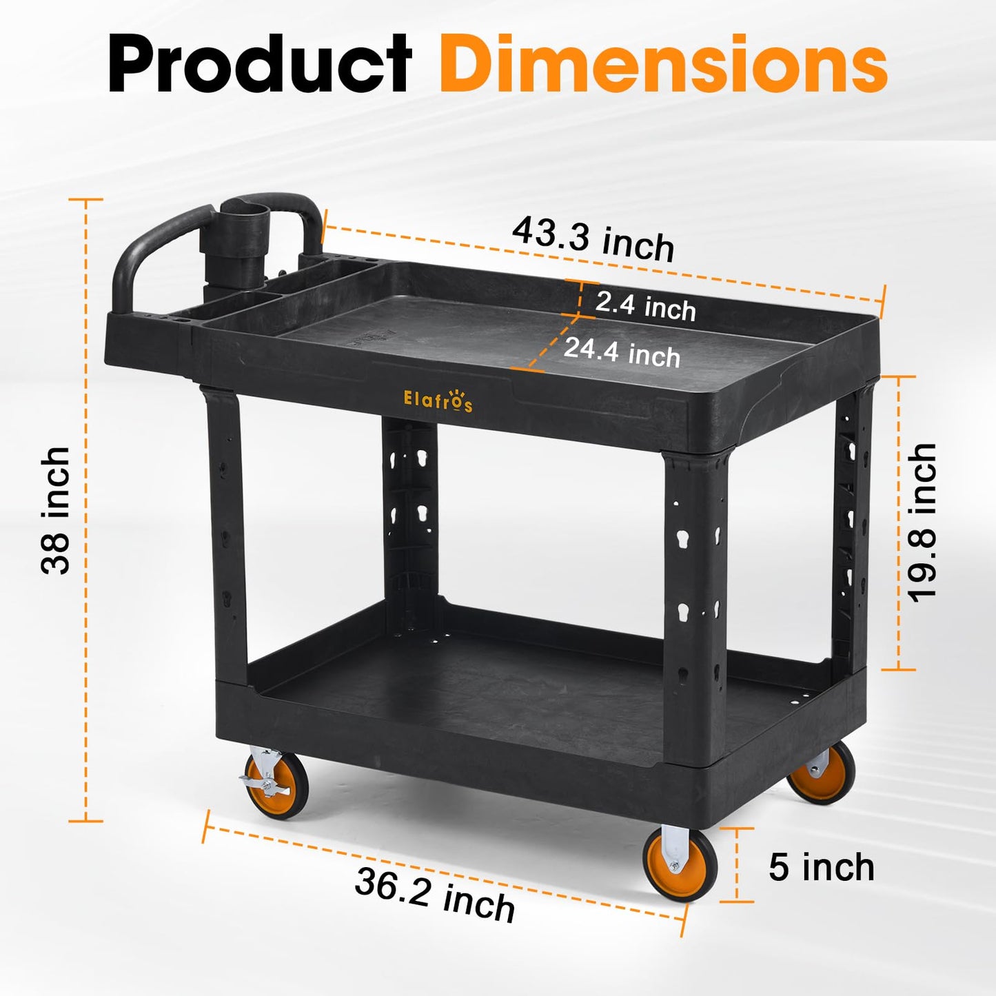 ELAFROS Extra Large Heavy Duty Plastic Utility Work Cart 43.5 x 24.6 Inch โ 2 Tier Work Cart with Deep Tub Shelves, Ergonomic Handle, 5 Inch Casters, 550 lbs Capacity, Black