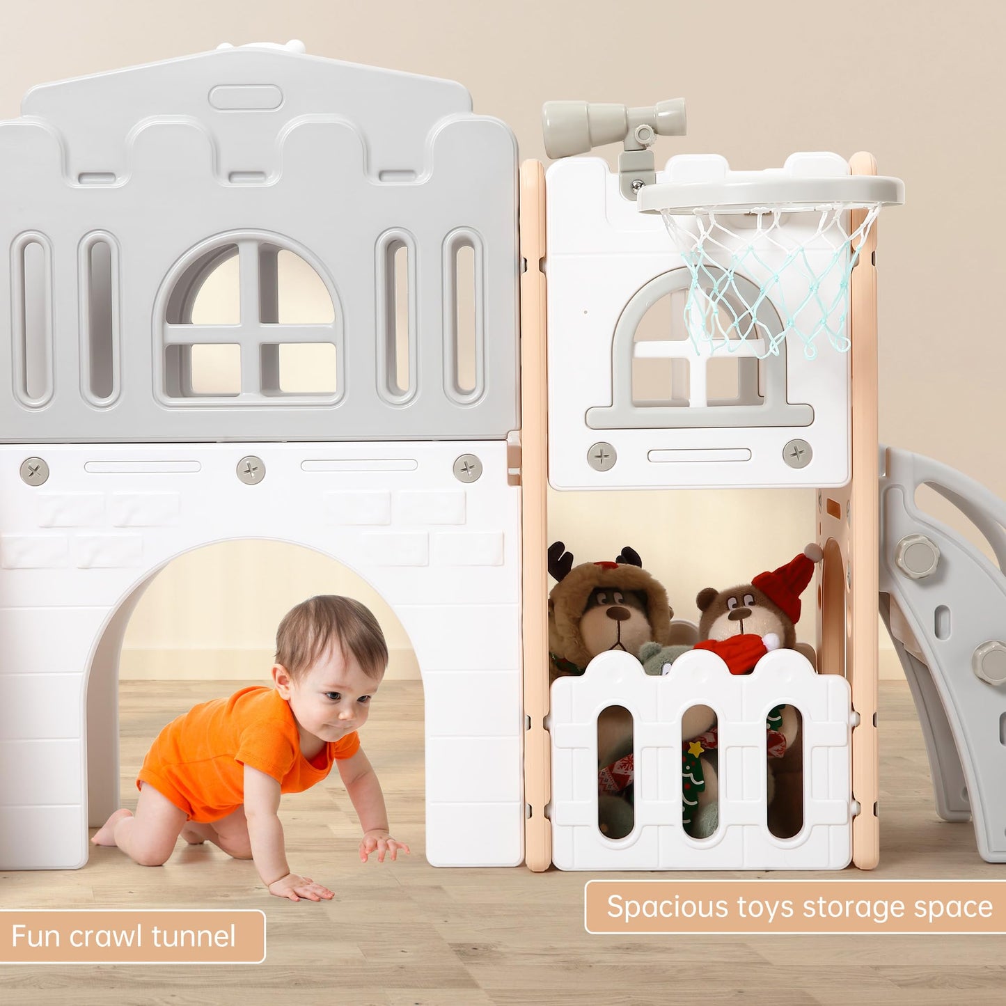 Toddler Slide 8 in 1 Toddler Playset for Toddlers Age 1-3, Baby Playset for Indoor Outdoor Playground with Climber, Crawling Tunnel, Basketball Hoop, Telescope, Toy Storage