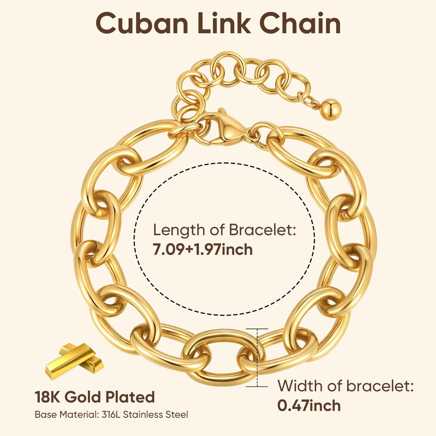 Chunky Gold Bracelets for Women - 18K Gold Plated Cuban Link Bracelet, Stainless Steel Non-tarnish Personality Thick Chain Trendy Jewelry Gifts, Christmas Valentines Prom Party Birthday Gift