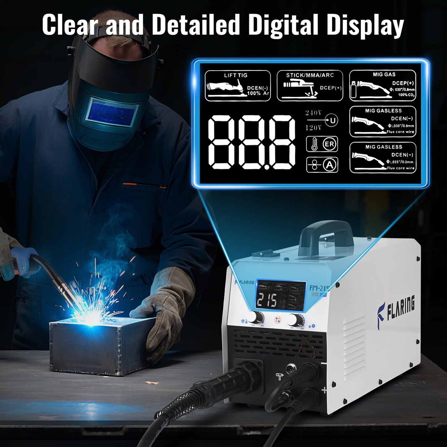 FLARING 215Amp MIG Welder 120V/240V 6 IN 1 Welding Machine Flux Core/Gas MIG/Stick/Lift TIG/Spot welding/Spool Gun Multi-Process Aluminum Welding 2lbs/11lbs Wire Competible LED Display Portable Welder