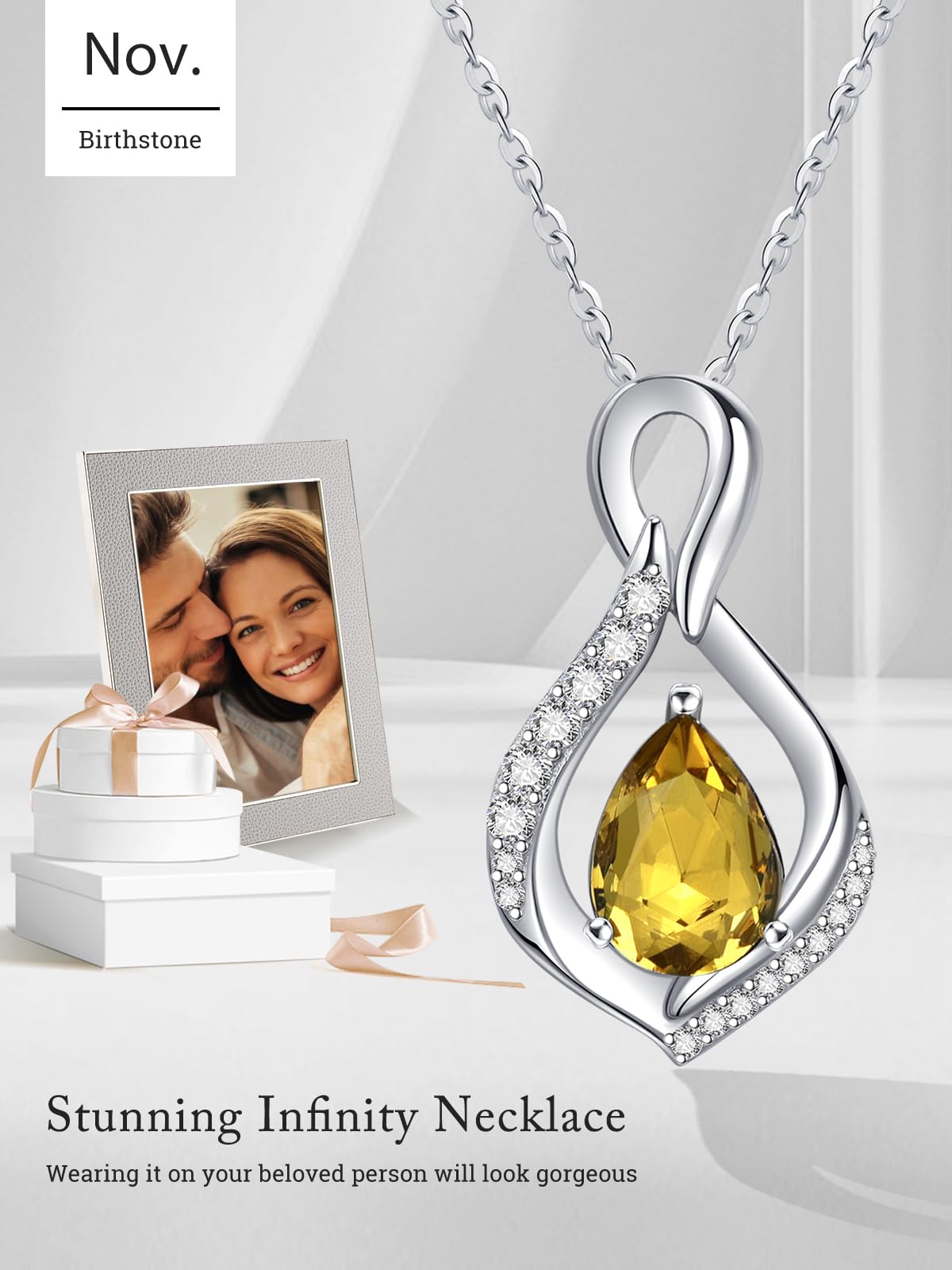 JIYVY32 Citrine Infinity Necklace for Women November Birthstone Necklaces White Gold Plating Anniversary Birthday Gifts for Wife Her Mom Girlfriend Birthstone Jewelry Gifts for Women