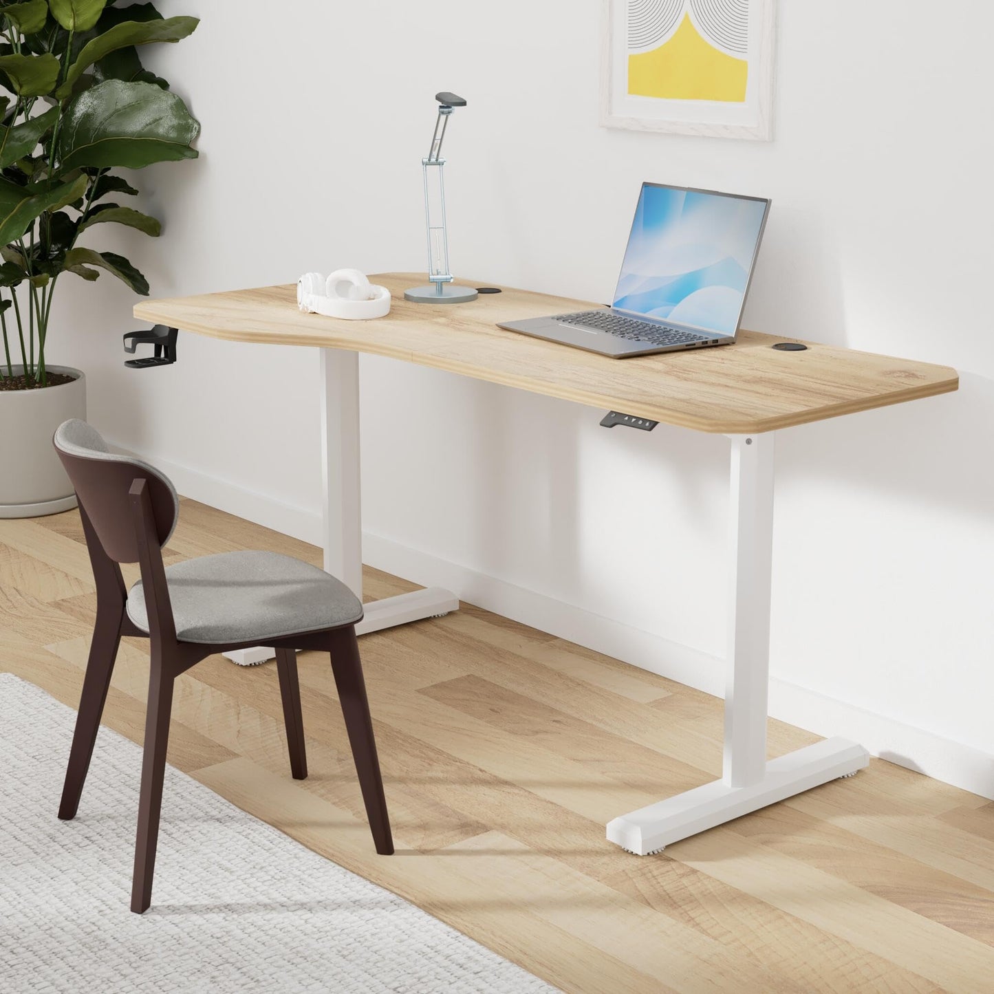 BANTI 63"x28" L Shaped Standing Desk, Electric Stand up Height Adjustable Home Office Table, Sit Stand Desk, Light Rustic Brown Top