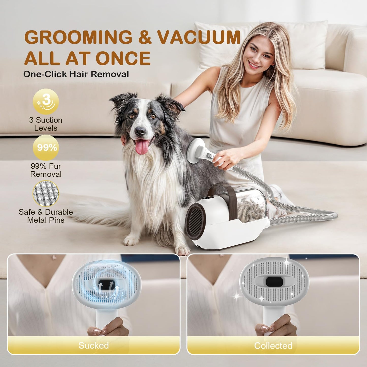 Dog Grooming Vacuum, Dog Grooming Kit with Pet Clipper Nail Grinder, 6 Pet Grooming Tools (Tawny)