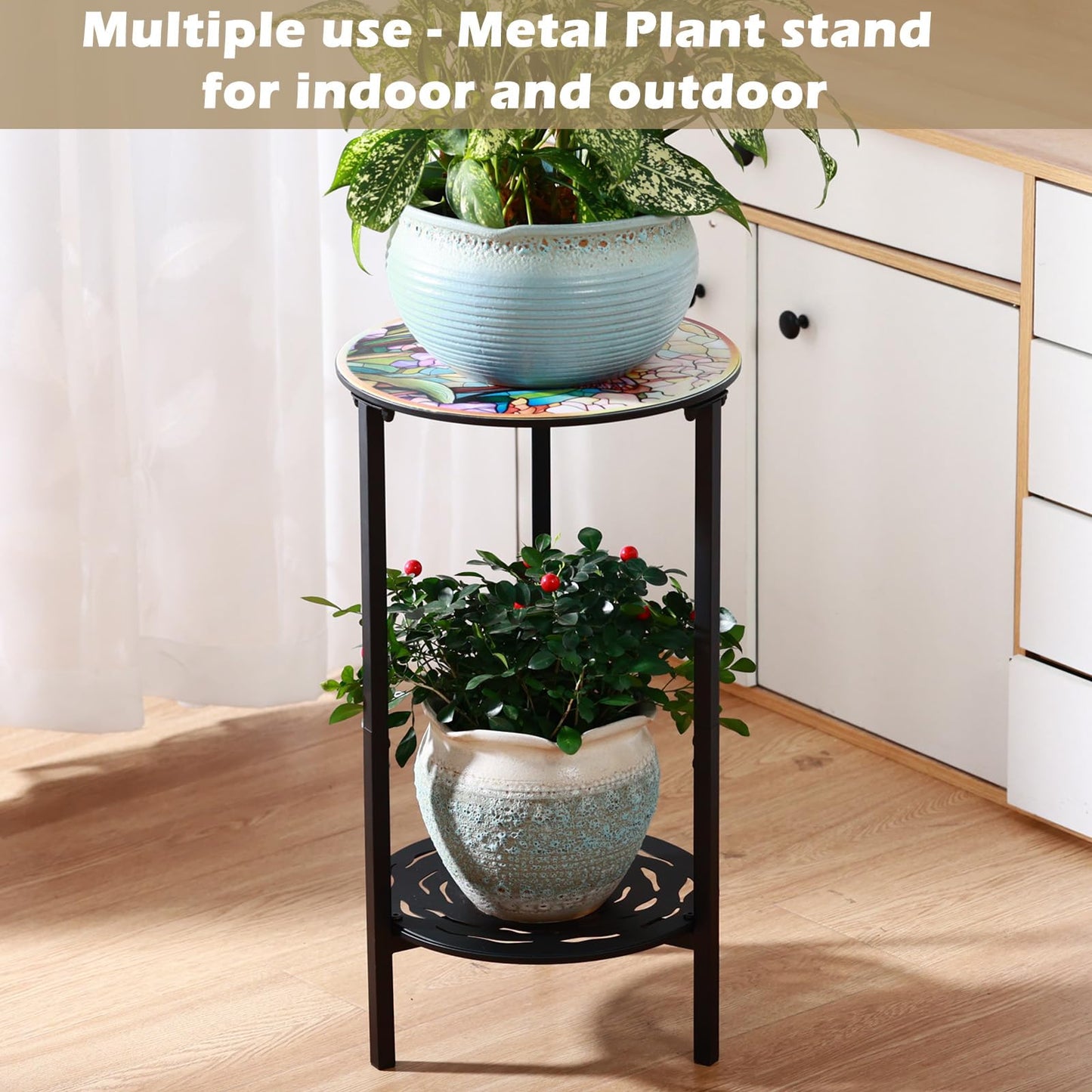 lucpur 2-Tier Metal Round Side Table Black Accent Coffee Tables Small Space Corner Plant Stand Shelf for Indoor Outdoor Use Patio Balcony End Table Butterfly Print Weather-Resistant