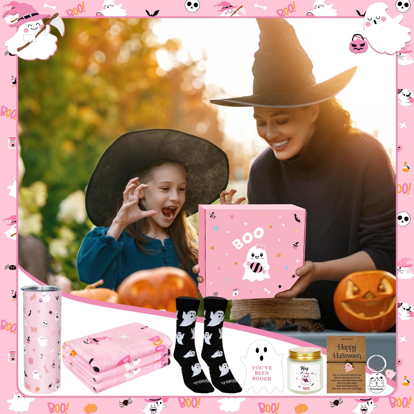 8 Pcs Halloween Boo Basket Gifts Pink Ghost Gift Halloween Boo Basket Stuffers for Women Include 20 oz Ghost Tumbler with Lid and Straw Throw Blanket Socks Keychain Bracelet Candle Card with Gift Box