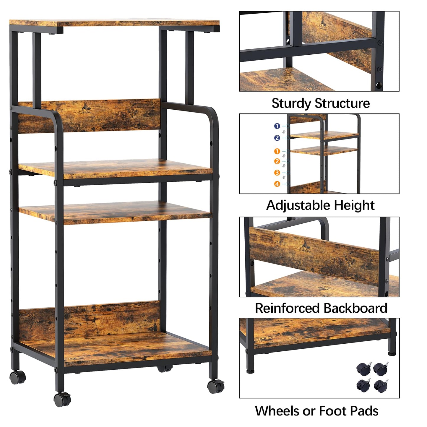 Arbuxzuy 4 Tier Printer Stand with Storage Shelf, Large Tall Printer Cart with Wheels, Mobile Printer Table for Home Office, Adjustable Stands for Printer Heat Press Scanner Fax (Brown), High