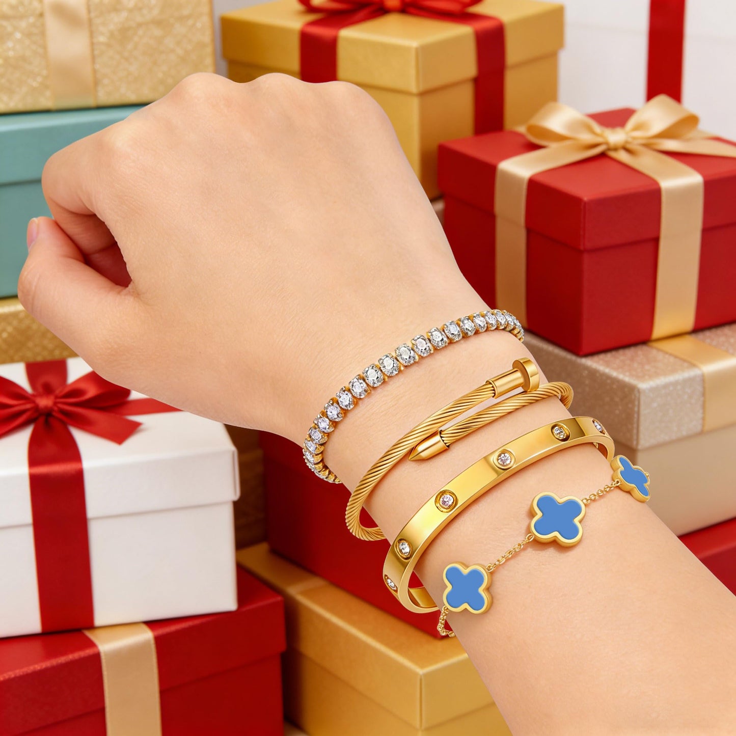Gold Bracelets for Women, 18K Gold Plated Women Tennis Bracelets Clover Nail Love Bangle Bracelet Set, Gold Bracelet Stackable Set Trendy Jewelry, Gifts for Women's Day and Mother's Day (13-Color- 4 Blue)