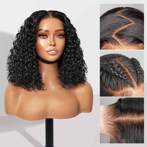 Xinjiju Wear and Go Glueless Wigs Human Hair Pre Plucked Pre Cut 6x4 Short Curly Bob Lace Front Wigs for Black Women Natural Hairline Water Wave Lace Front Wigs 200% Density 14 Inch