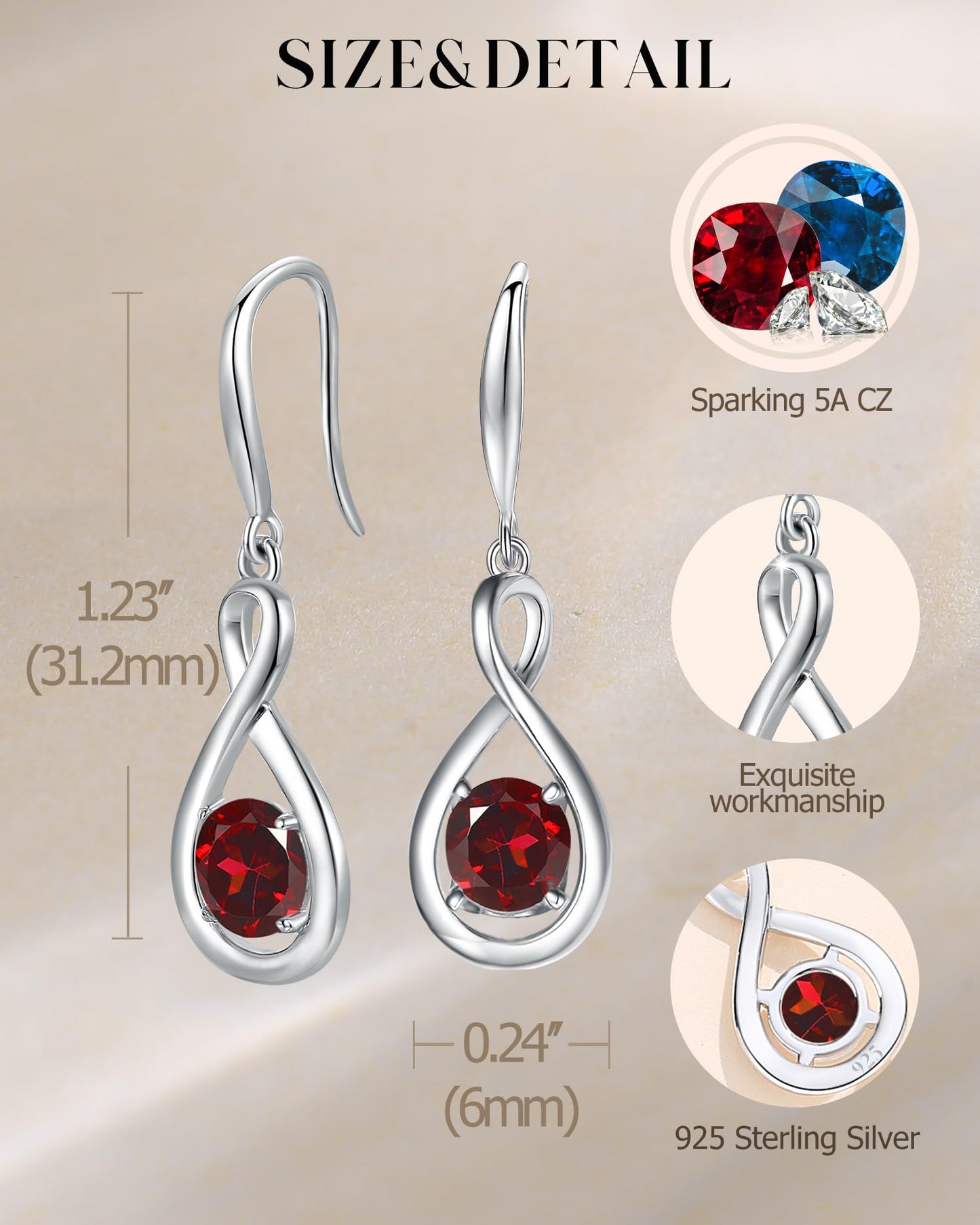 FANCIME Garnet Dangle Drop Earrings 925 Sterling Silver Dainty Infinity Red Gemstone Earring January Birthstone Fine Jewelry Birthday Mothers Day Gifts for Wife Her Women
