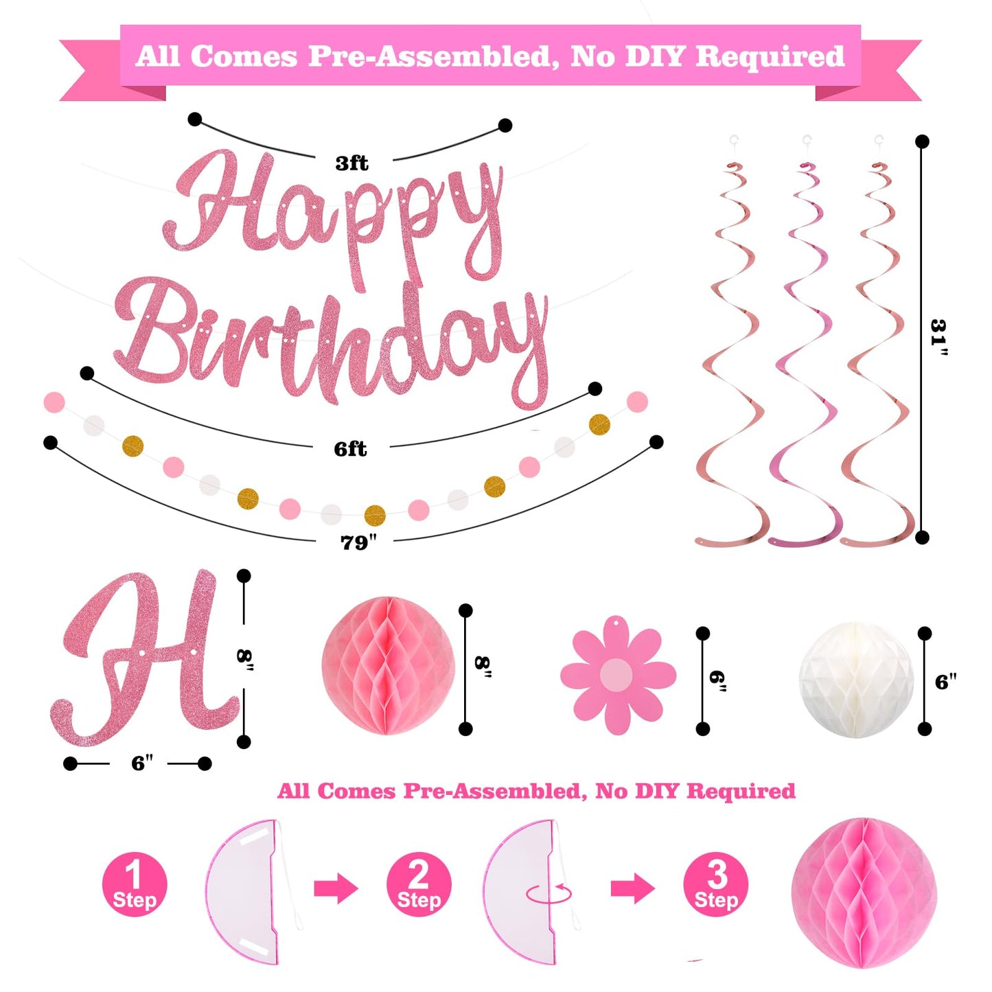 YEOCU Birthday Decorations, NO DIY, Pre-Strung Happy Birthday Banner with Honeycomb Balls, Hanging Swirls, Circle Dots Garland, Happy Birthday Party Decorations for Women Men Boys Girls (Pink)
