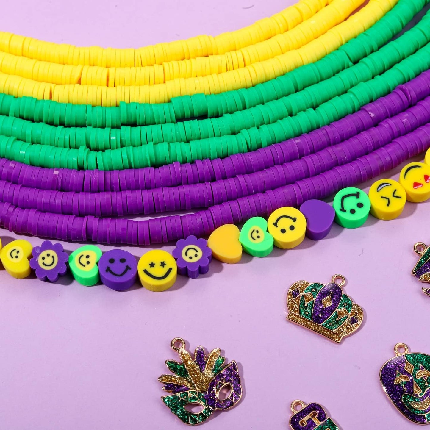 3000PCS+ Mardi Gras Clay Beads for Jewelry Making, Gold Purple Green Polymer Clay Heishi Beads, Enamel Jestyer Crown Mask Fleur De Lis Charms for Bracelet Necklace Making DIY Crafts (Mardi Gras)