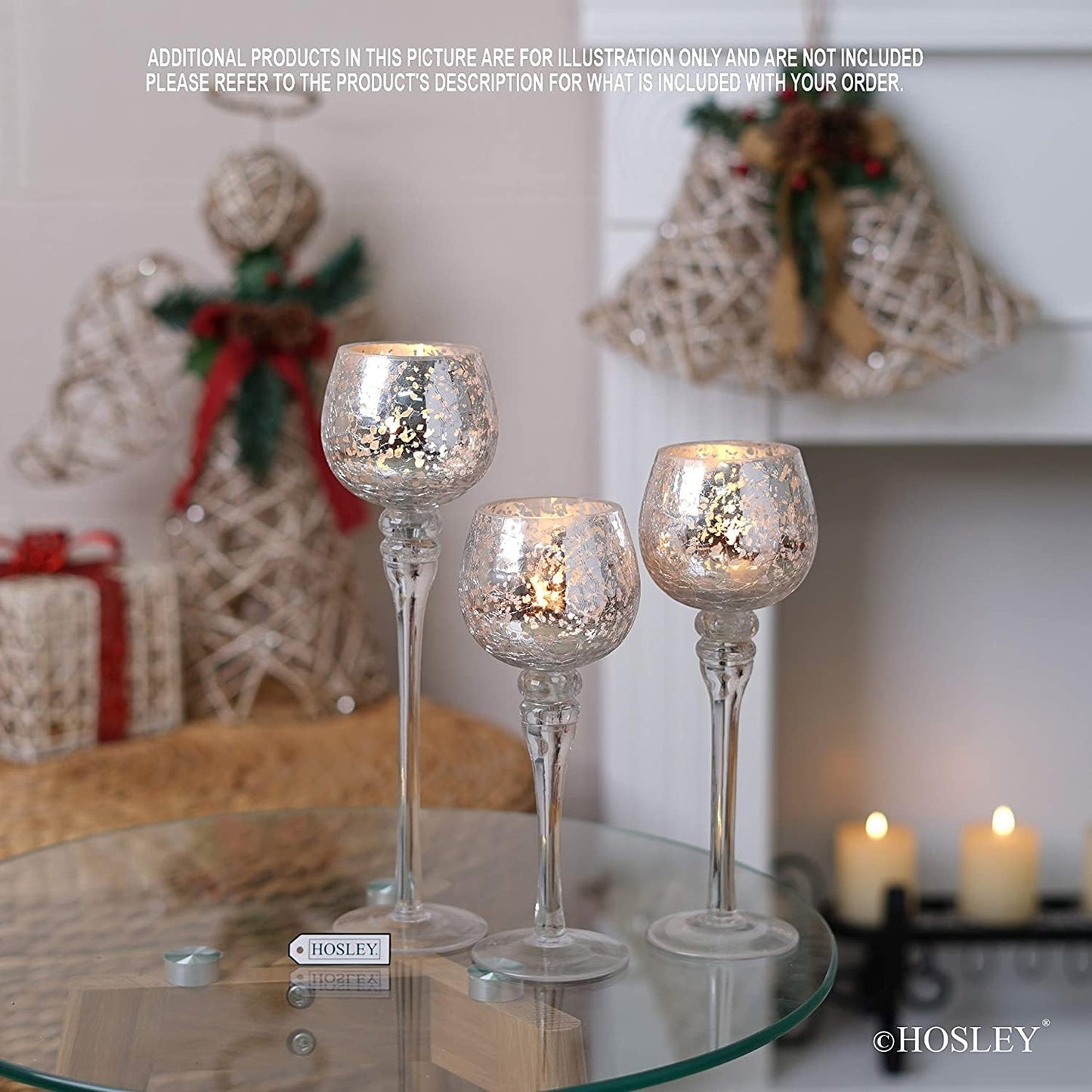 Hosley Set of 3 Metallic Crackle Glass Tealight Holders β 12", 10", 9" Elegant Home Decor, Ambient Lighting, Stylish Centerpieces & Gift Idea