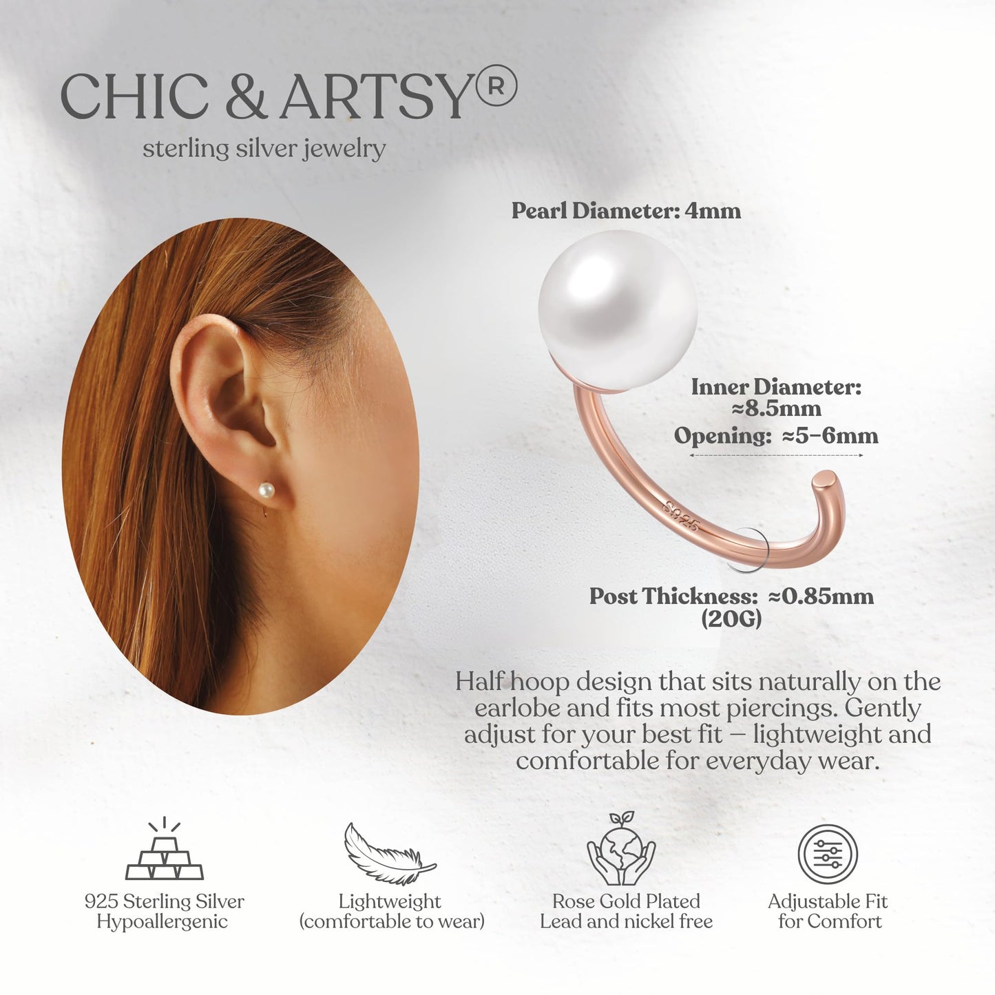 CHIC & ARTSY Backless Earrings for Women 18K Rose Gold Plated 925 Sterling Silver Half Huggie Hoop Earrings White Simulated Shell Pearl No Back Earrings Stay Close Hoop Earrings