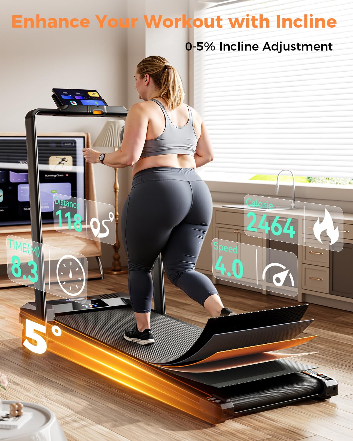 Walking Pad with Handle Bar, BestGod Treadmills for Home Office 330 lbs Capacity Foldable Under Desk Treadmill 5% Walking Treadmills with Incline 2.5 HP Folding Treadmill with Remote Control