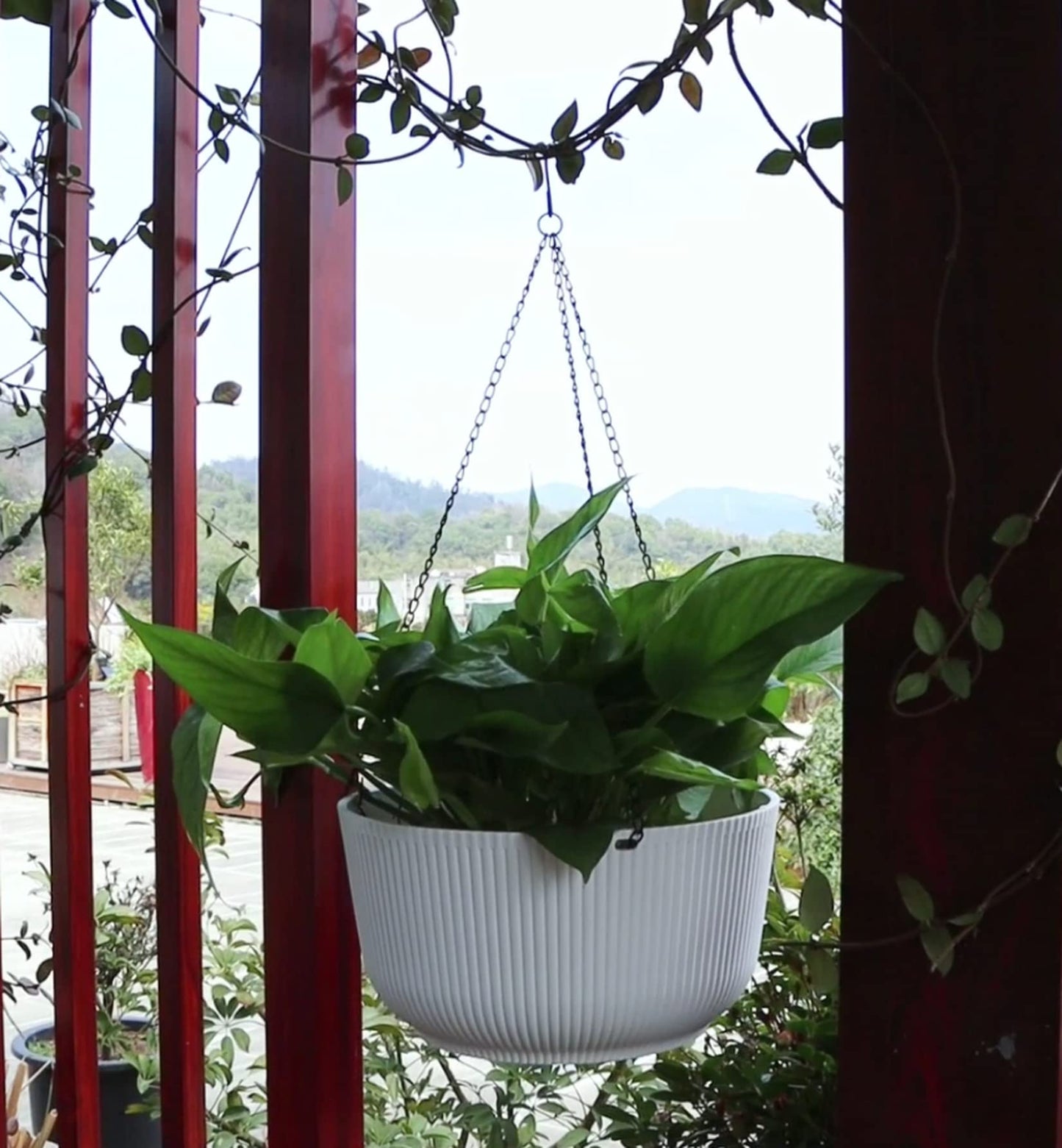 Dexceder 11.2 Inch Self Watering Hanging Planters Indoor Outdoor, Thickened Hanging Basket Flower Plant Pot (2 Pack, White)