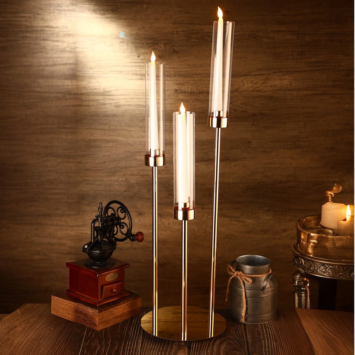 Layhit 6 Set Wedding Gold Candelabra Centerpieces for Tables, 3 Arm Tall Acrylic Candle Holder Centerpiece with Clear Shades for Reception, Party, Dining Decor, Anniversary, Fits 0.87" LED Candles"
