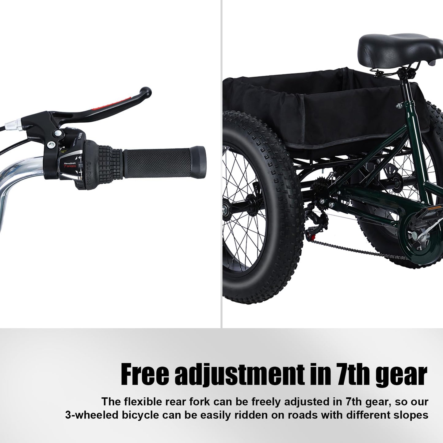 LEAQU 3 Wheel Bikes for Adults, 20 Inch Adult Tricycle, Three Wheel Bikes for Adults, 7 Speed Tricycle with Double Disc Brake, Fat Tire Bike with Spacious Shopping Basket, Black