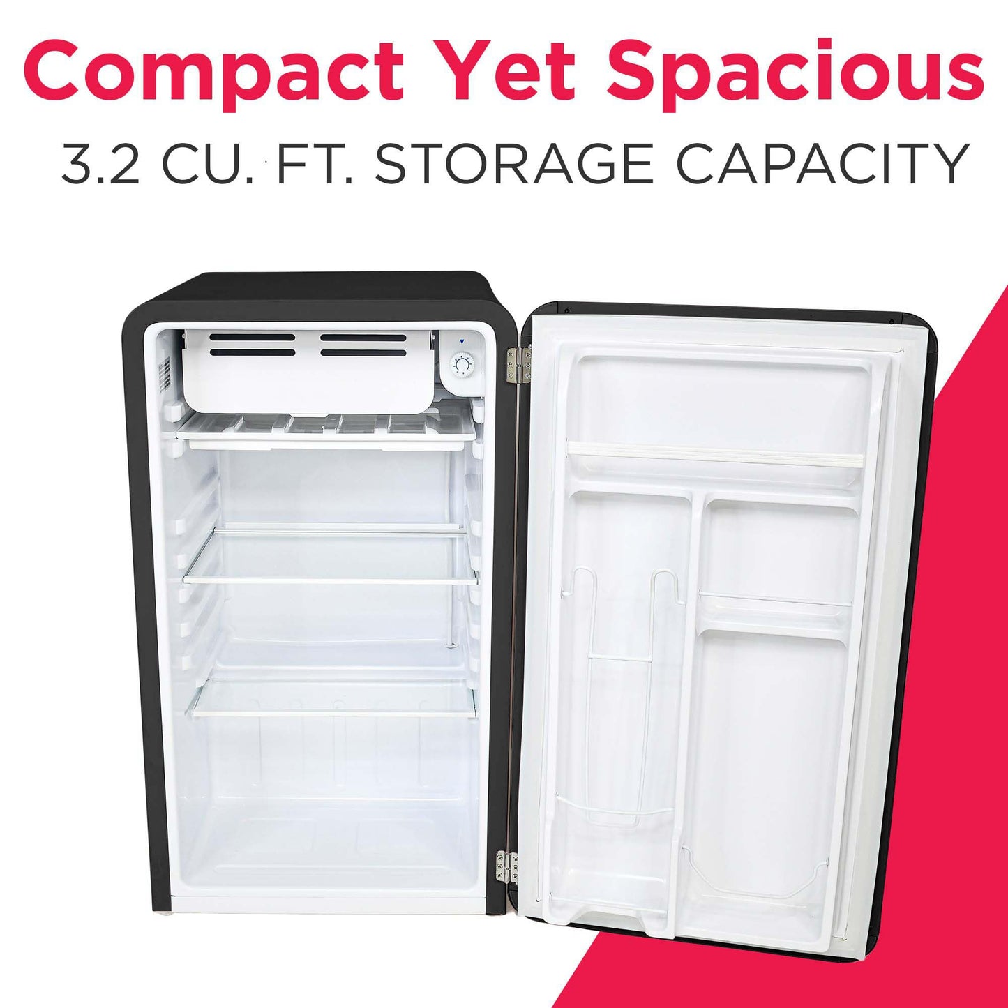 Frigidaire Retro Compact Refrigerator with Chiller, 3.2 cu ft Countertop Fridge, Built-In Bottle Opener, Rounded Corners, Premium, for Office, Bedroom, Dorm Room, Cabin, 18.5D x 20W x 31.5H (Black)