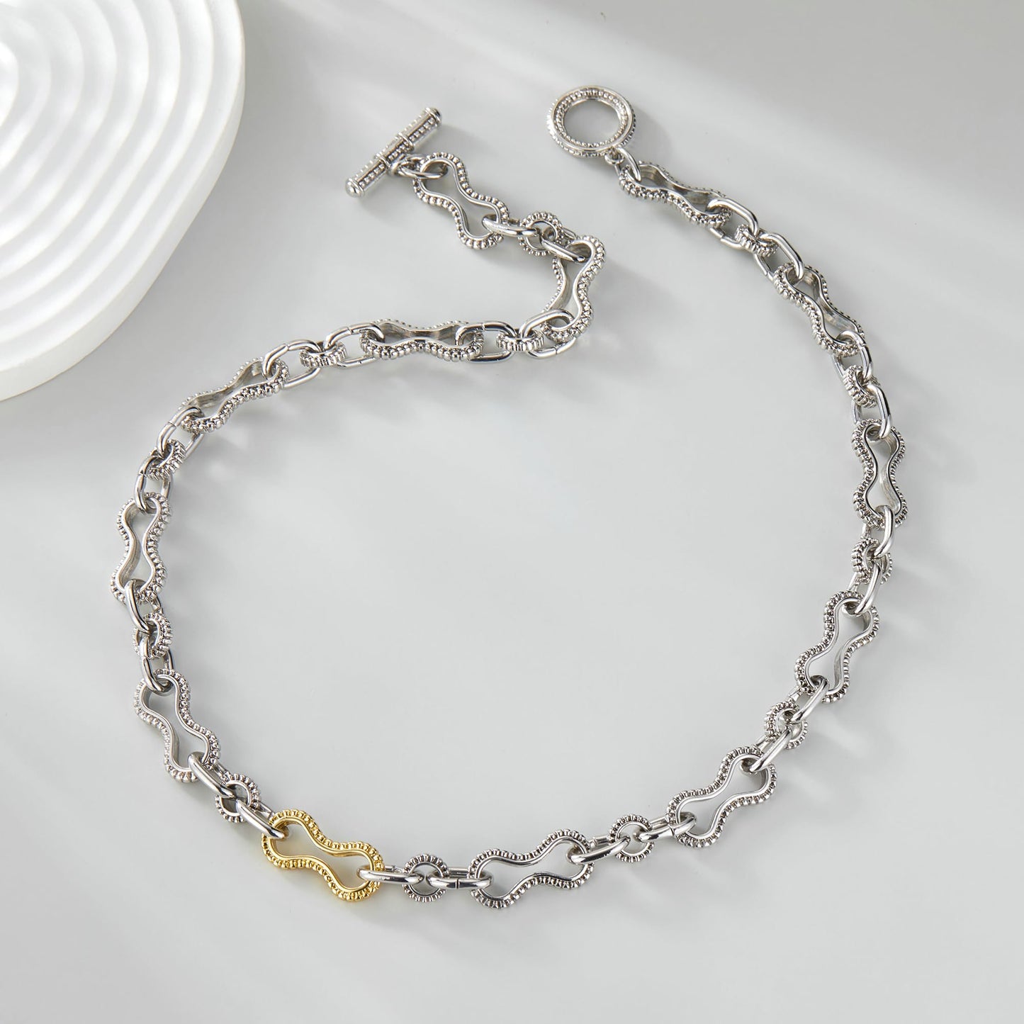 Mytys Women's Link Necklace 18k Gold Plated Double Twist Wire Gold and Silver 2 Tone Chain Necklaces Christmas New Year Jewelry (Gold & Silver 3)