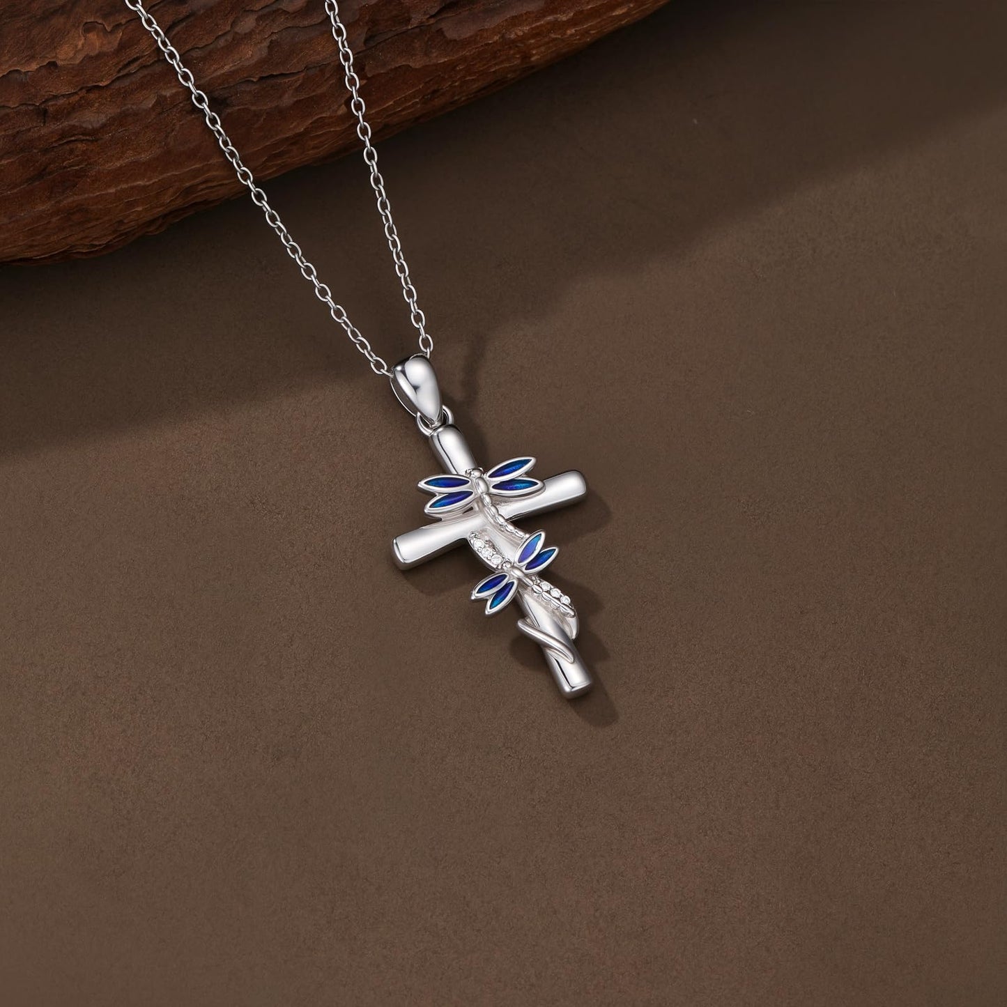 YYB Cross Necklace for Women 925 Sterling Silver Dragonfly Necklace Dragonfly Cross Pendant Valentine's Day Gifts for Women